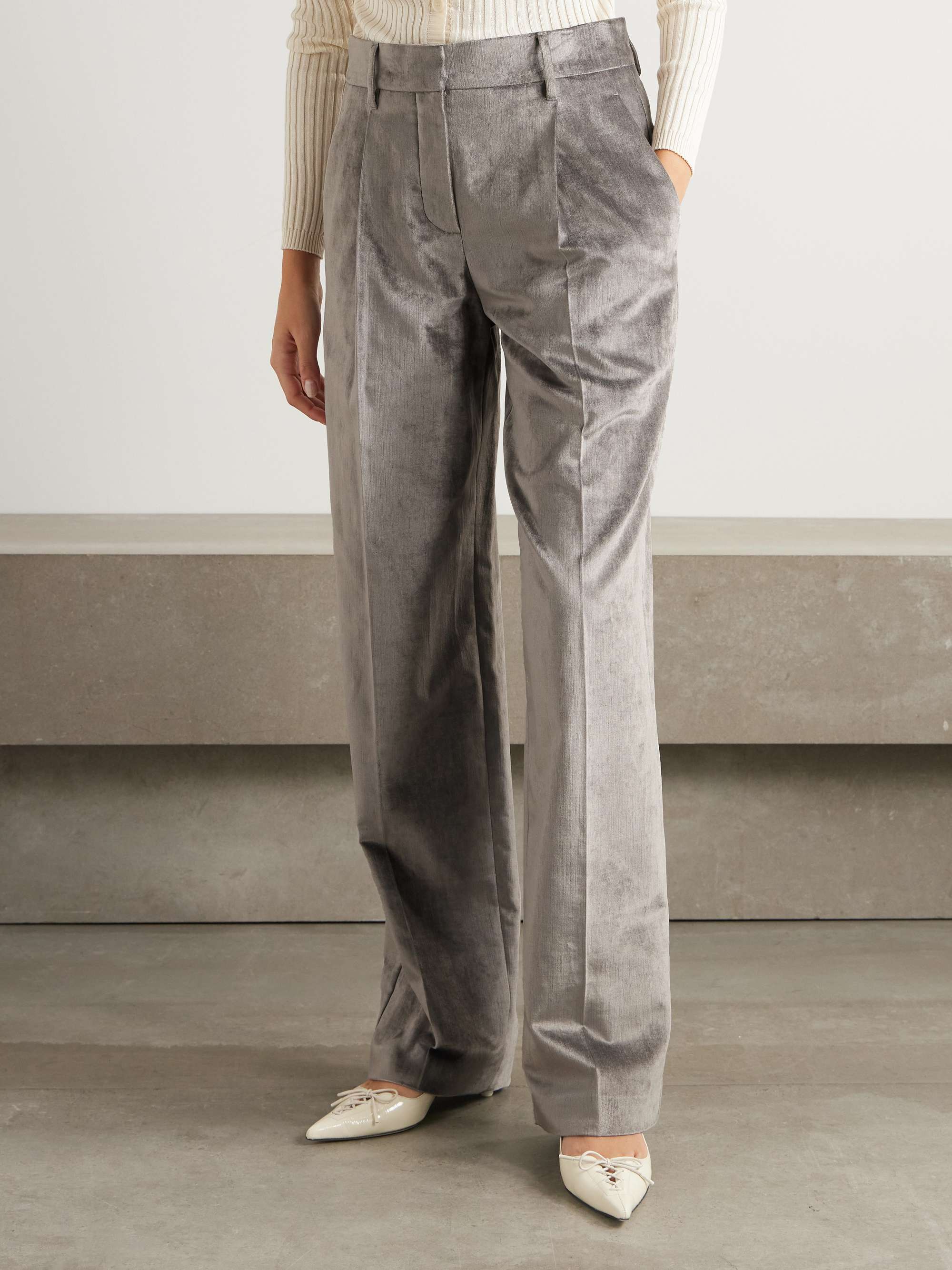 Pleated cotton-blend velvet wide-leg pants view