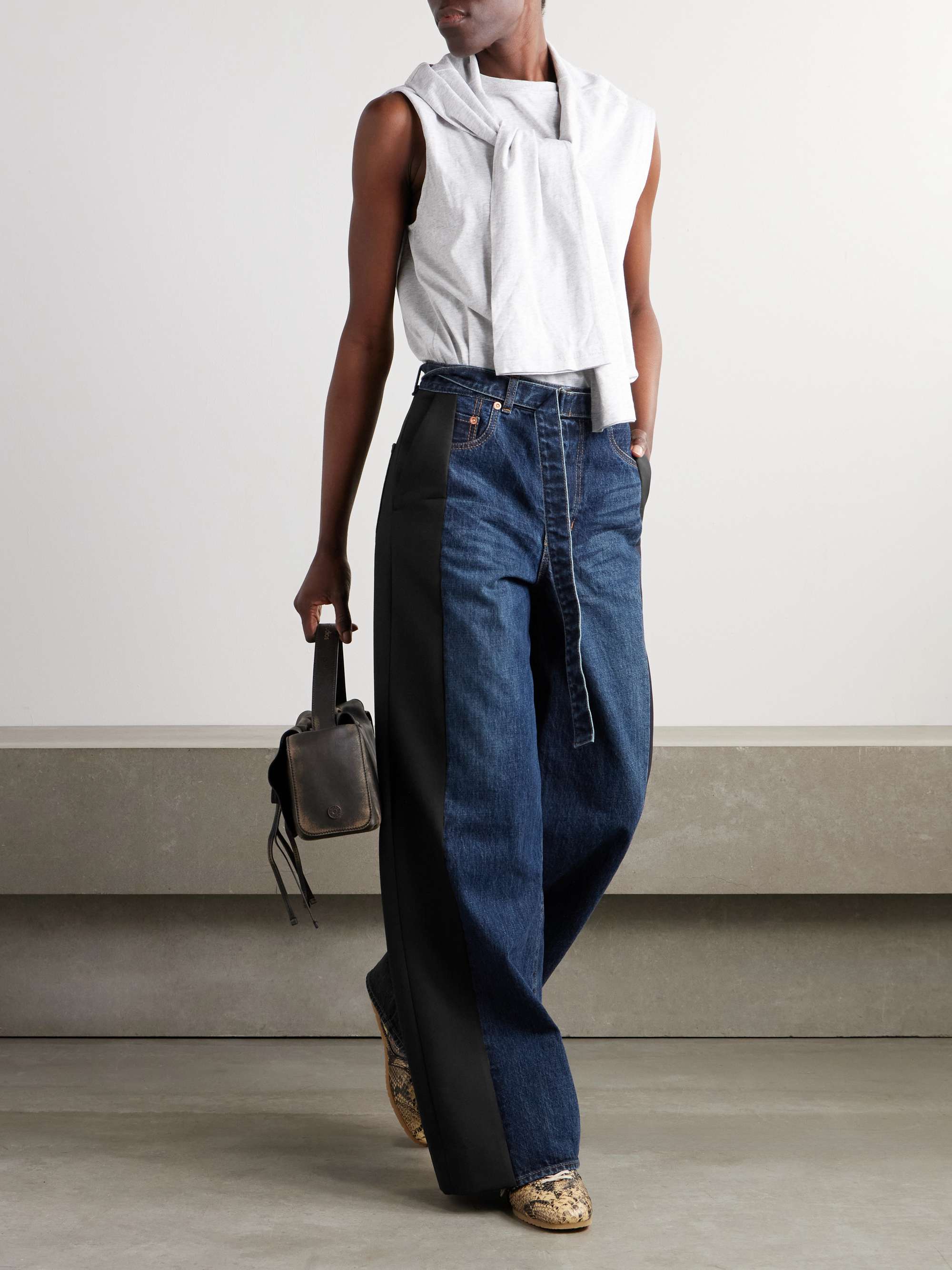 Belted wool-blend trimmed denim wide-leg pants view