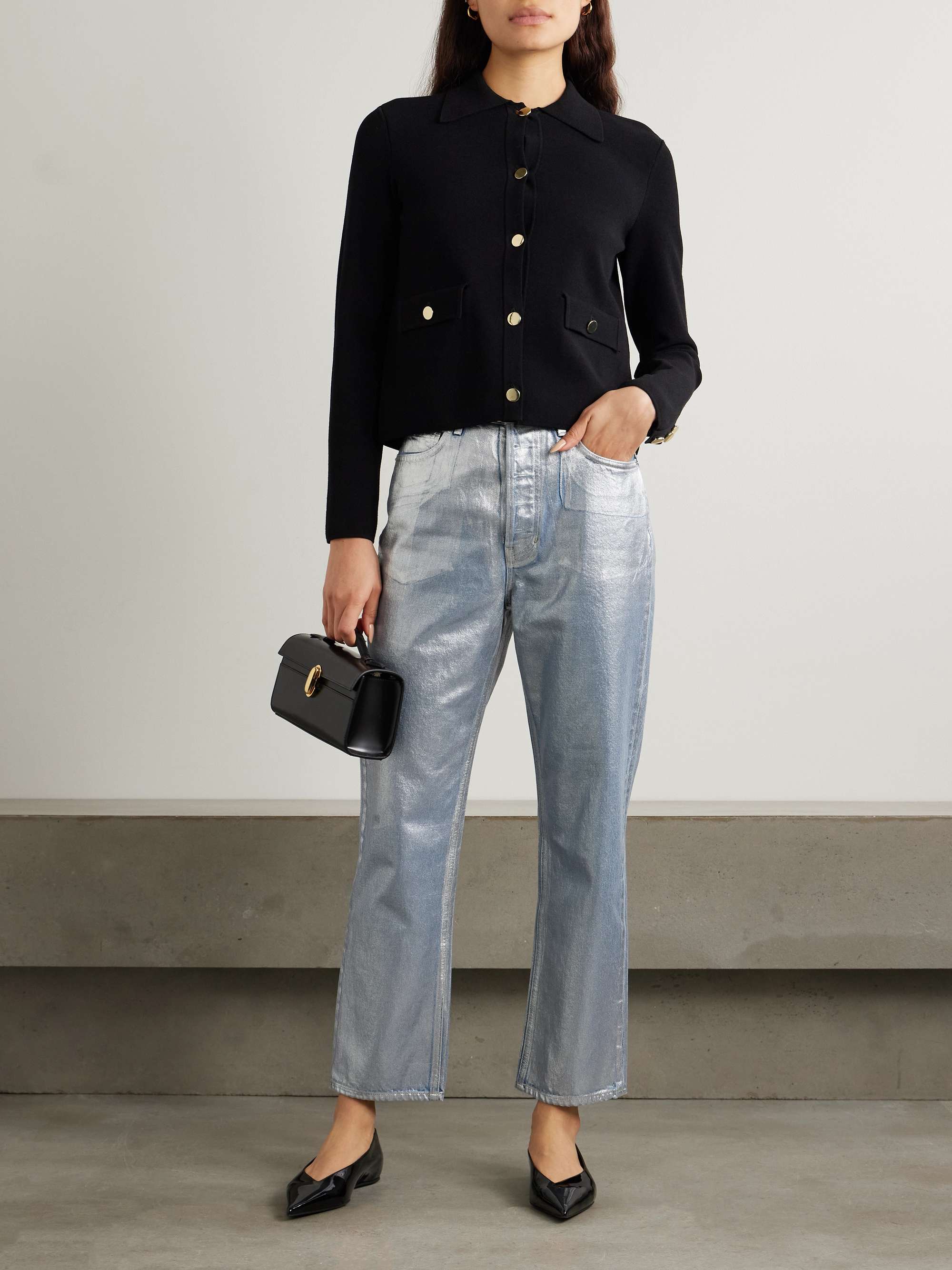 Daniela high-rise straight-leg metallic coated jeans view