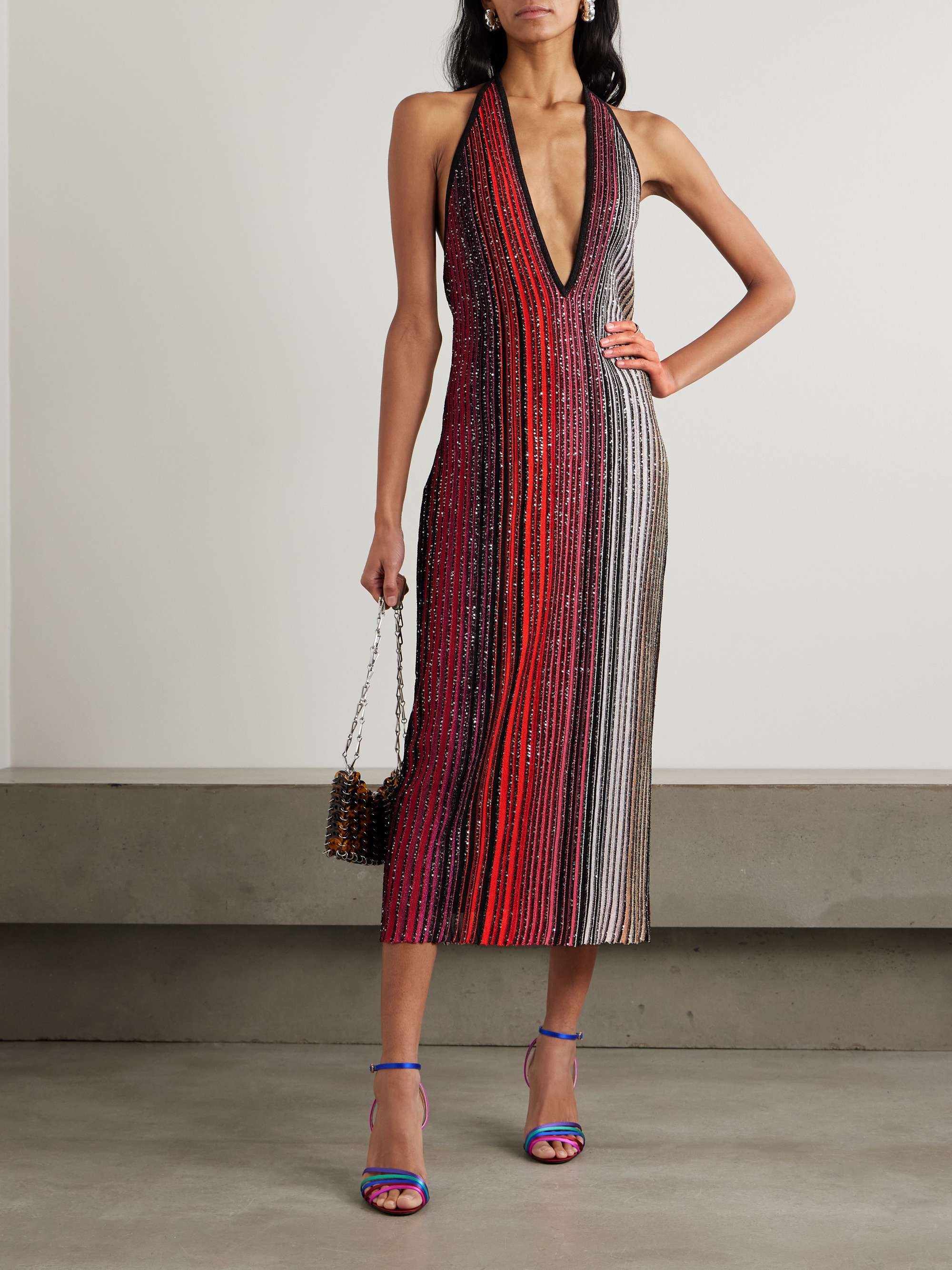Sequined striped metallic crochet-knit halterneck midi dress view