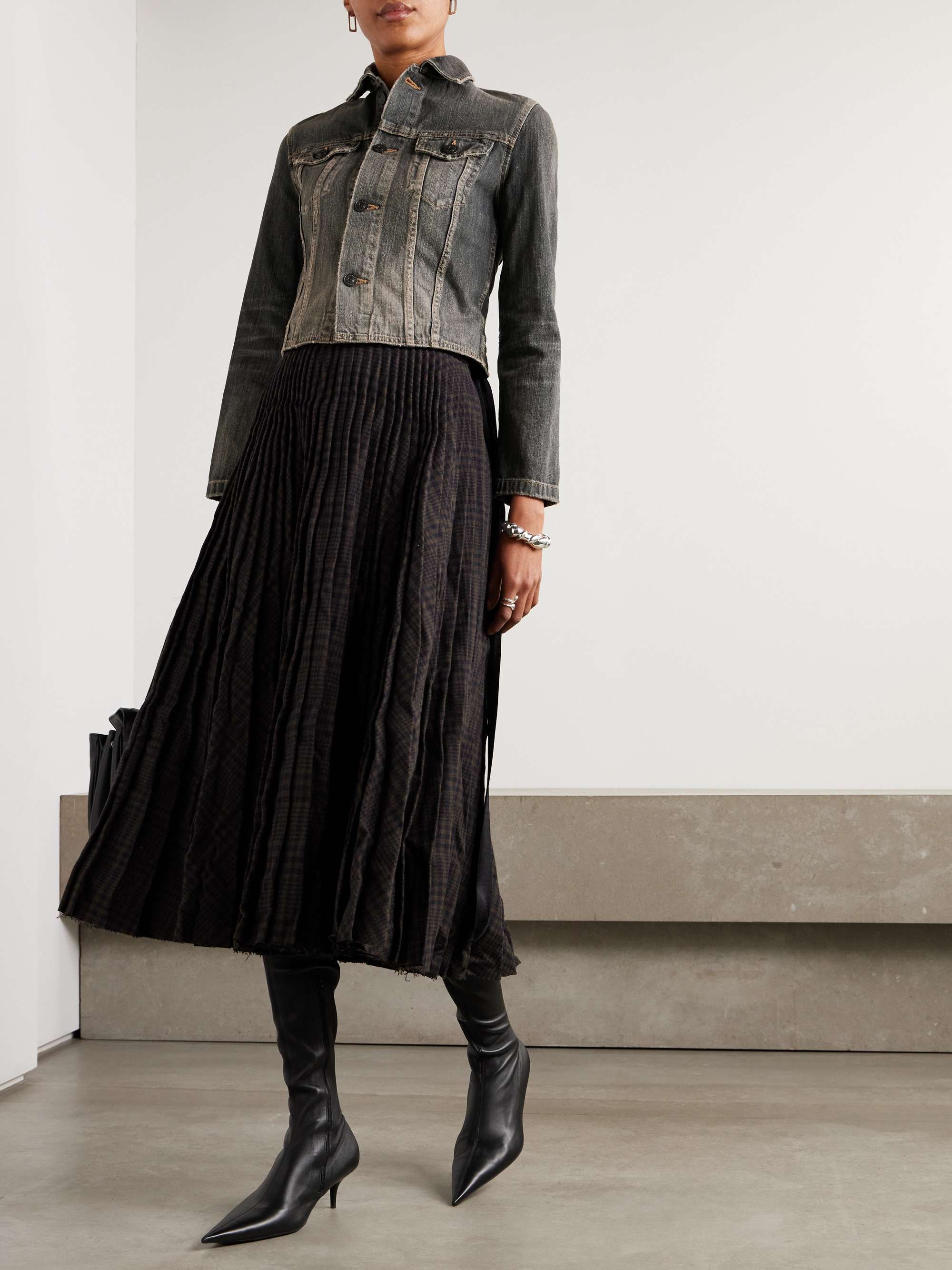 Lace-up satin-trimmed denim jacket view