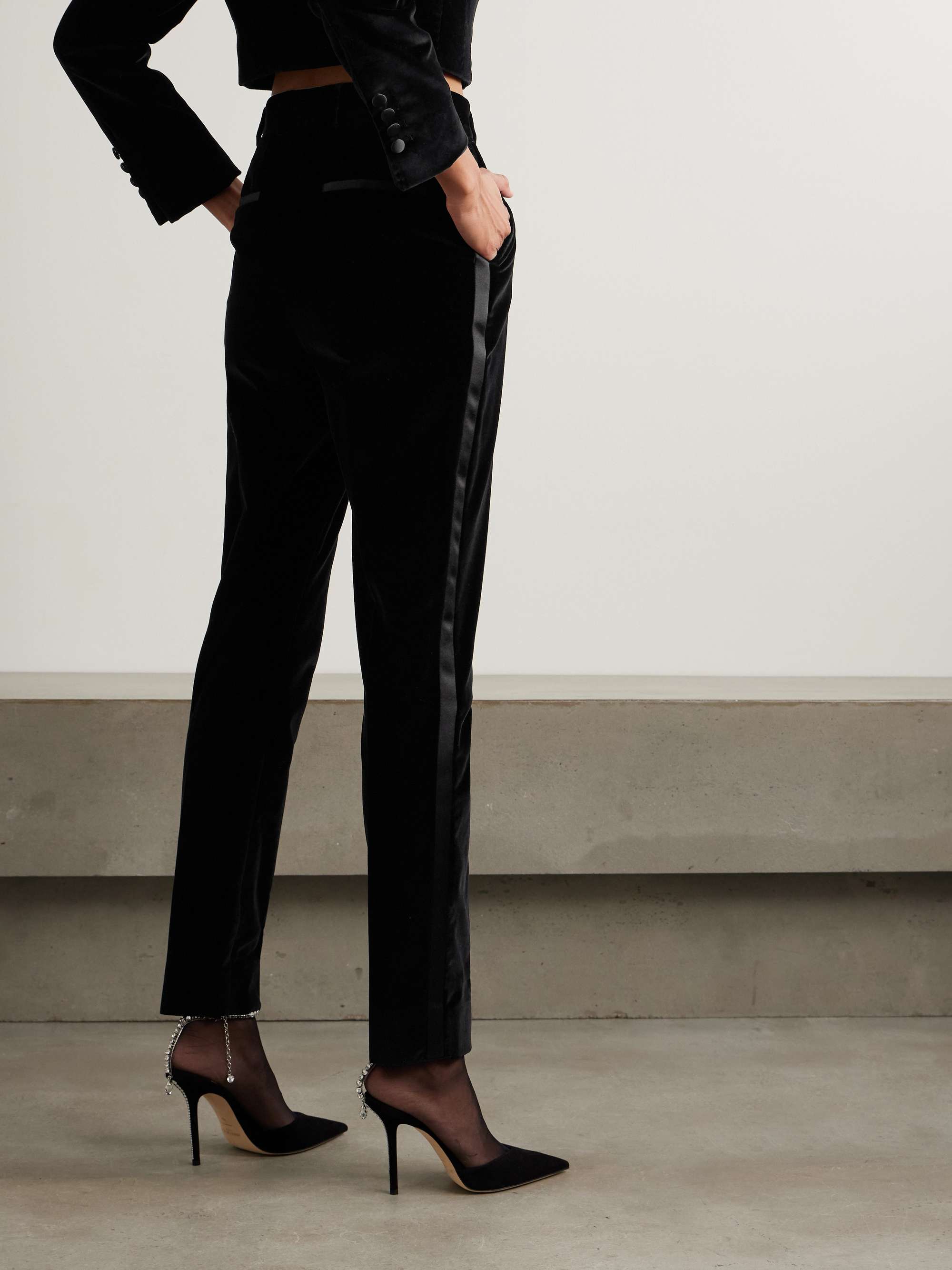 Satin-trimmed cotton-blend velvet slim-leg pants view