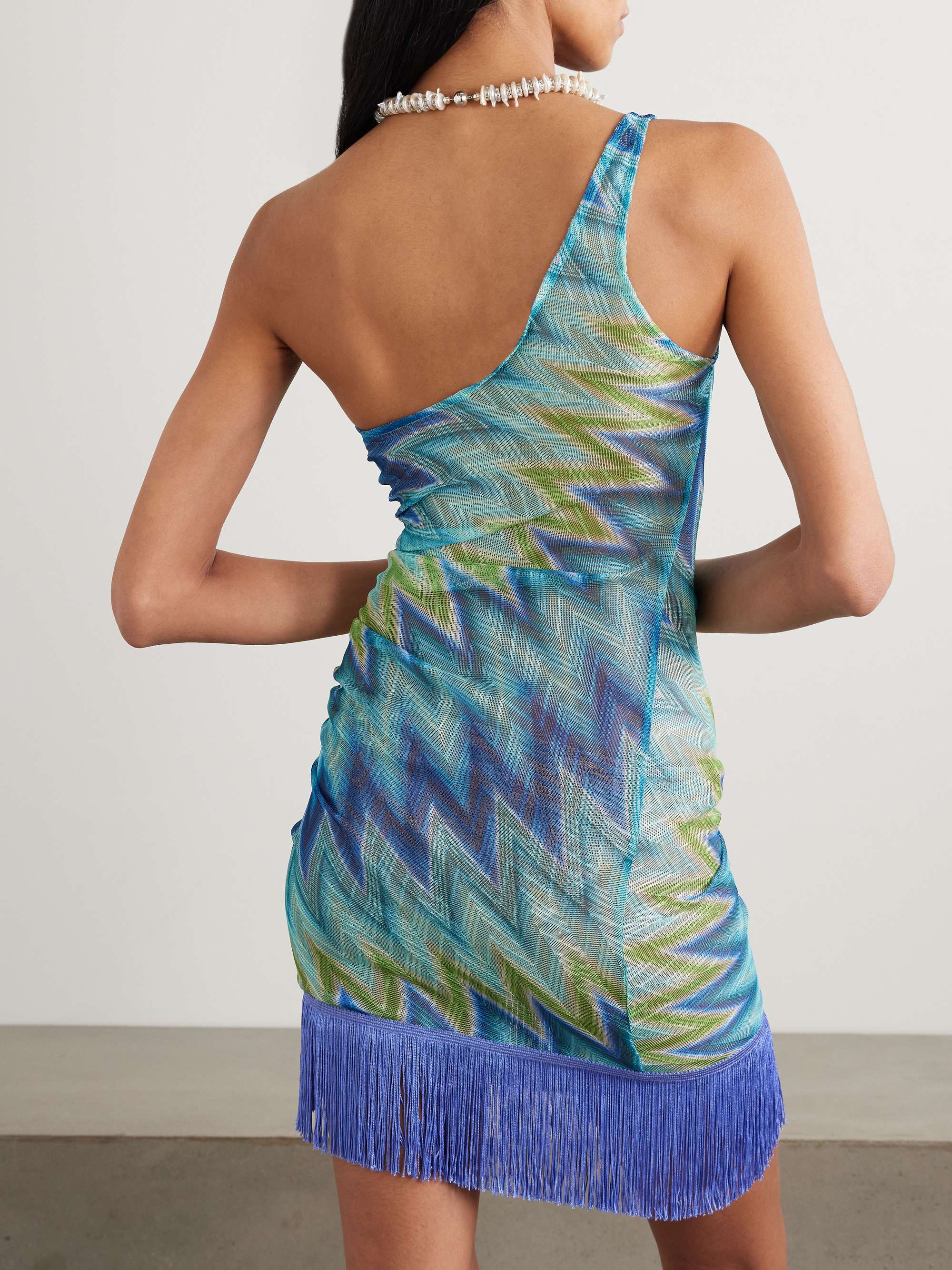 One-shoulder fringed printed tulle mini dress view