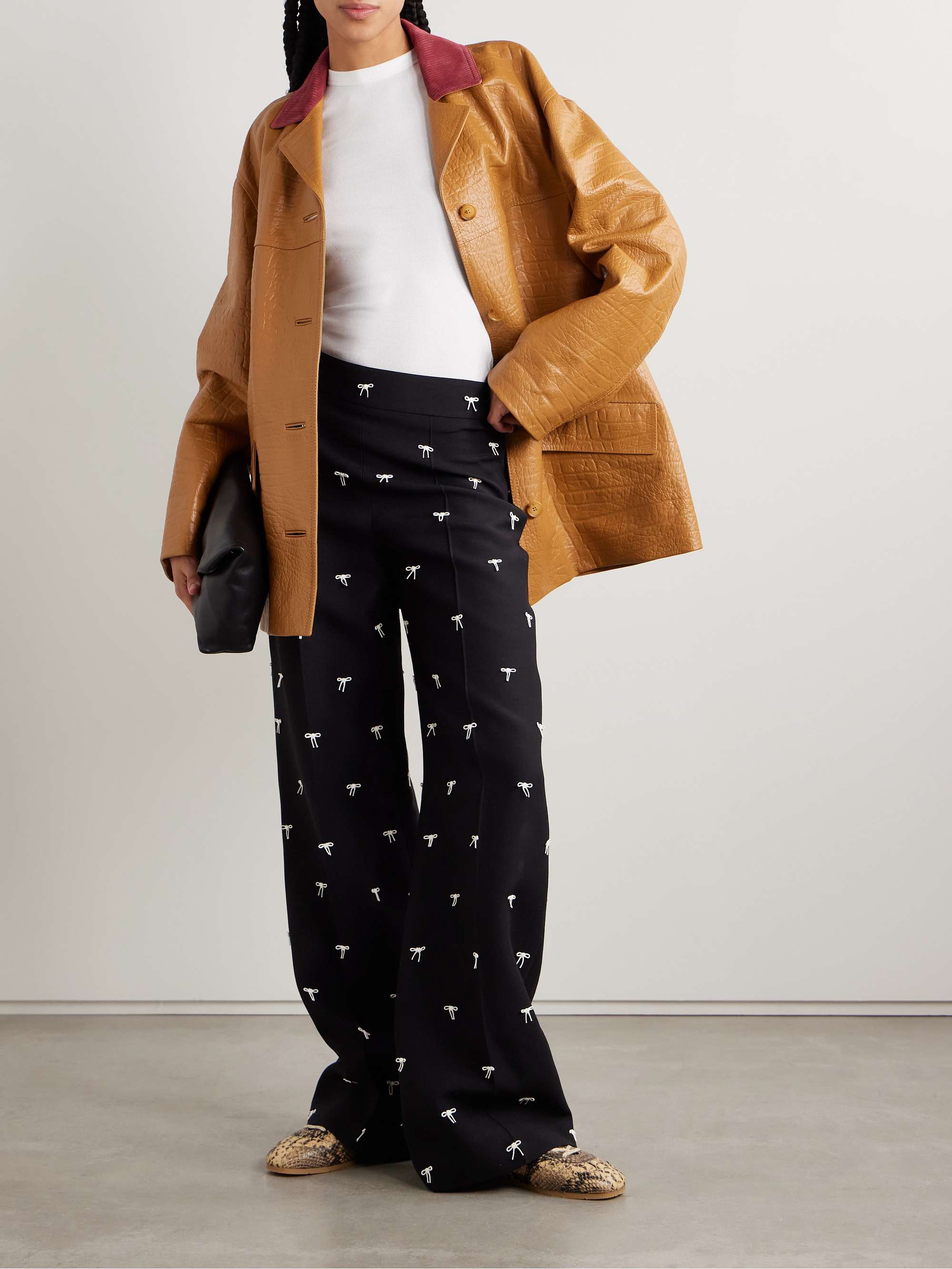 Bow-embellished wool and silk-blend twill wide-leg pants view