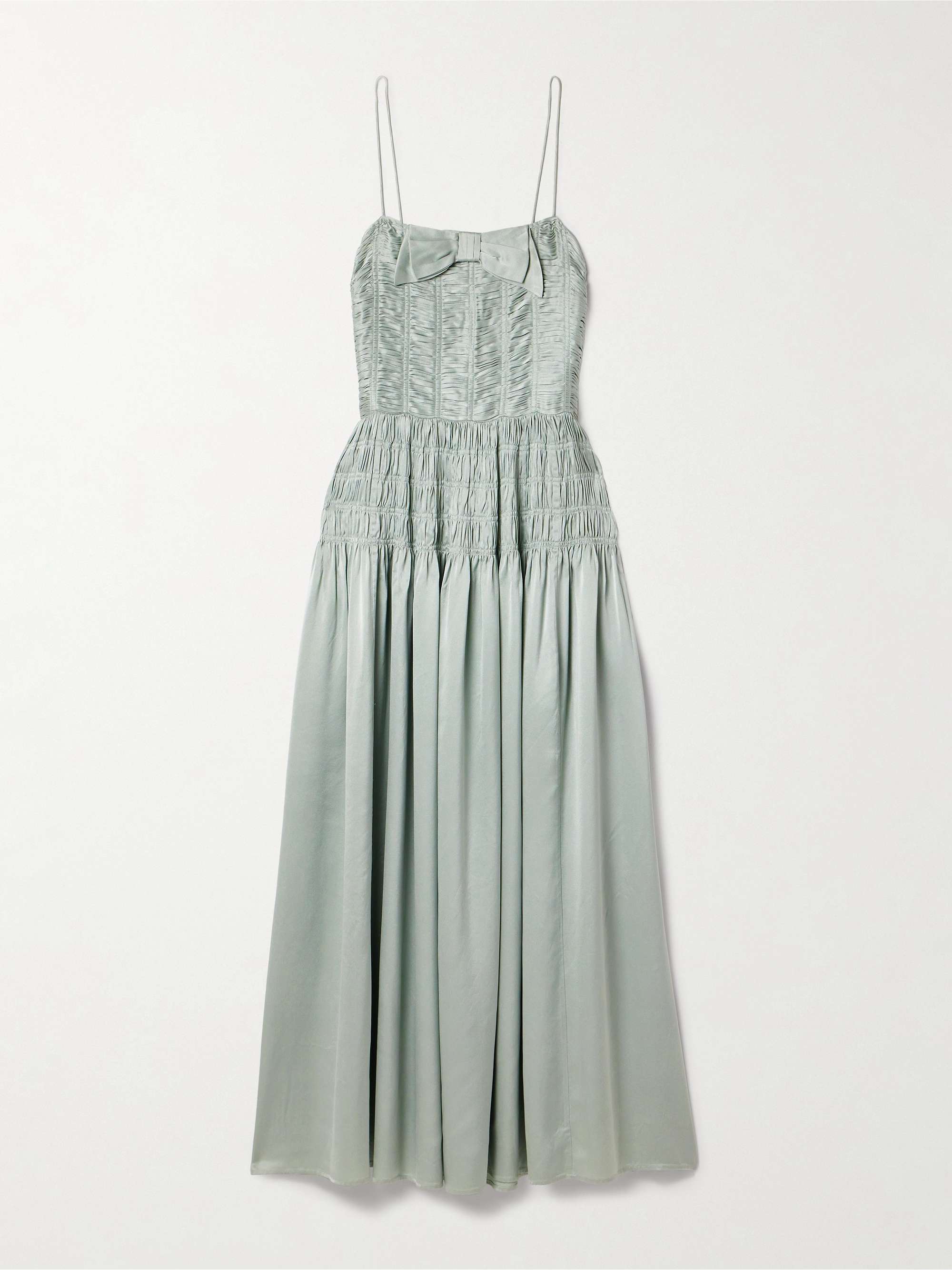 Ambrosia bow-detailed shirred silk-satin midi dress view