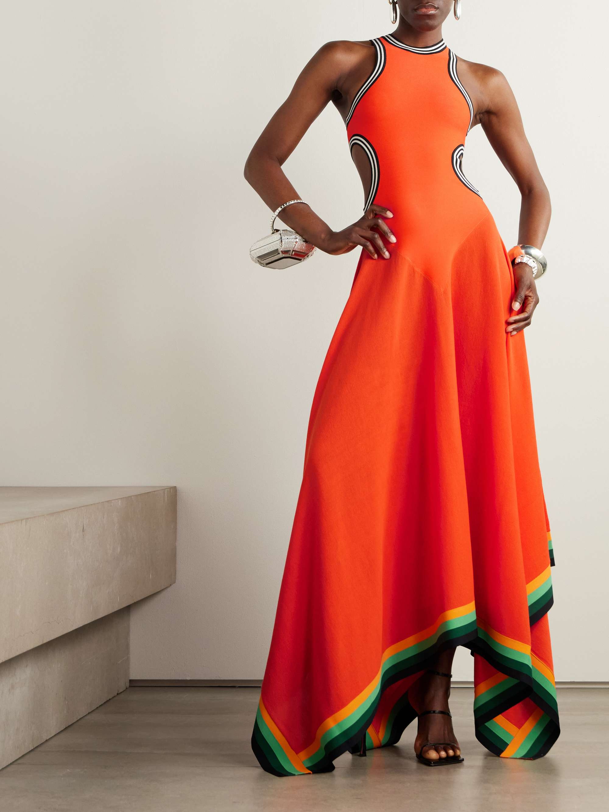 Cutout striped cotton-blend gown view