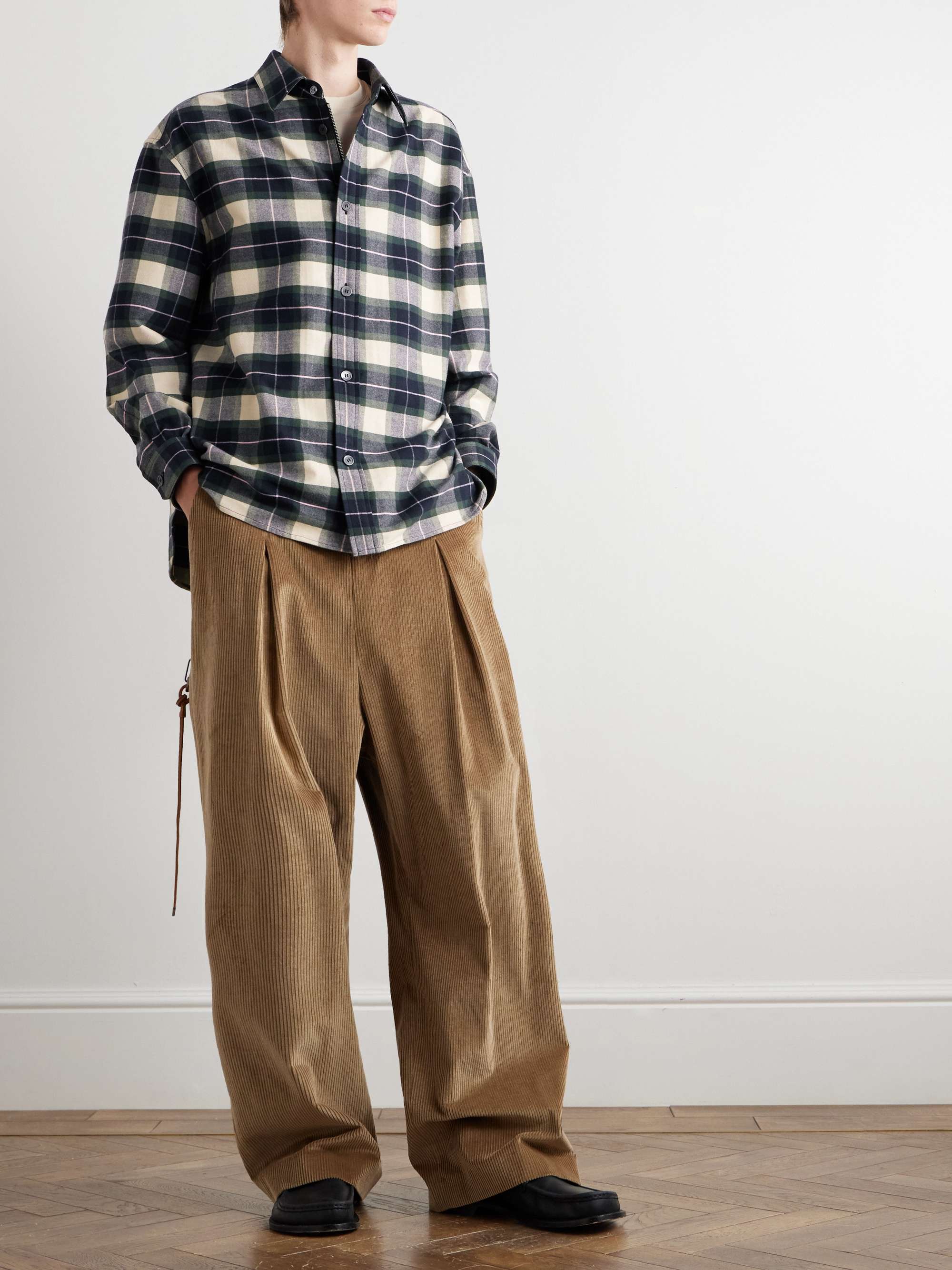 Leather-Trimmed Checked Cotton-Poplin Overshirt view