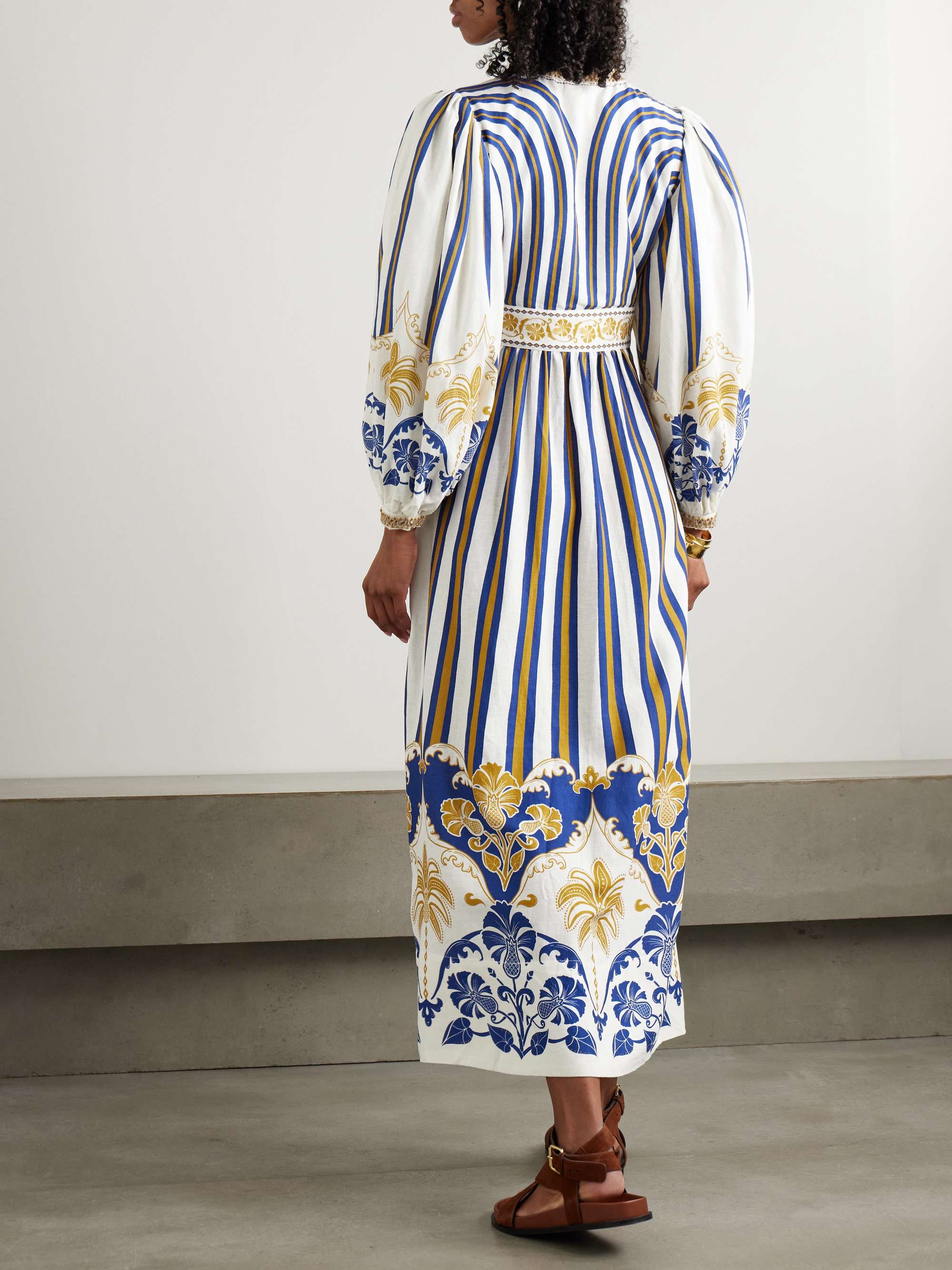 Embellished printed linen-blend midi dress view