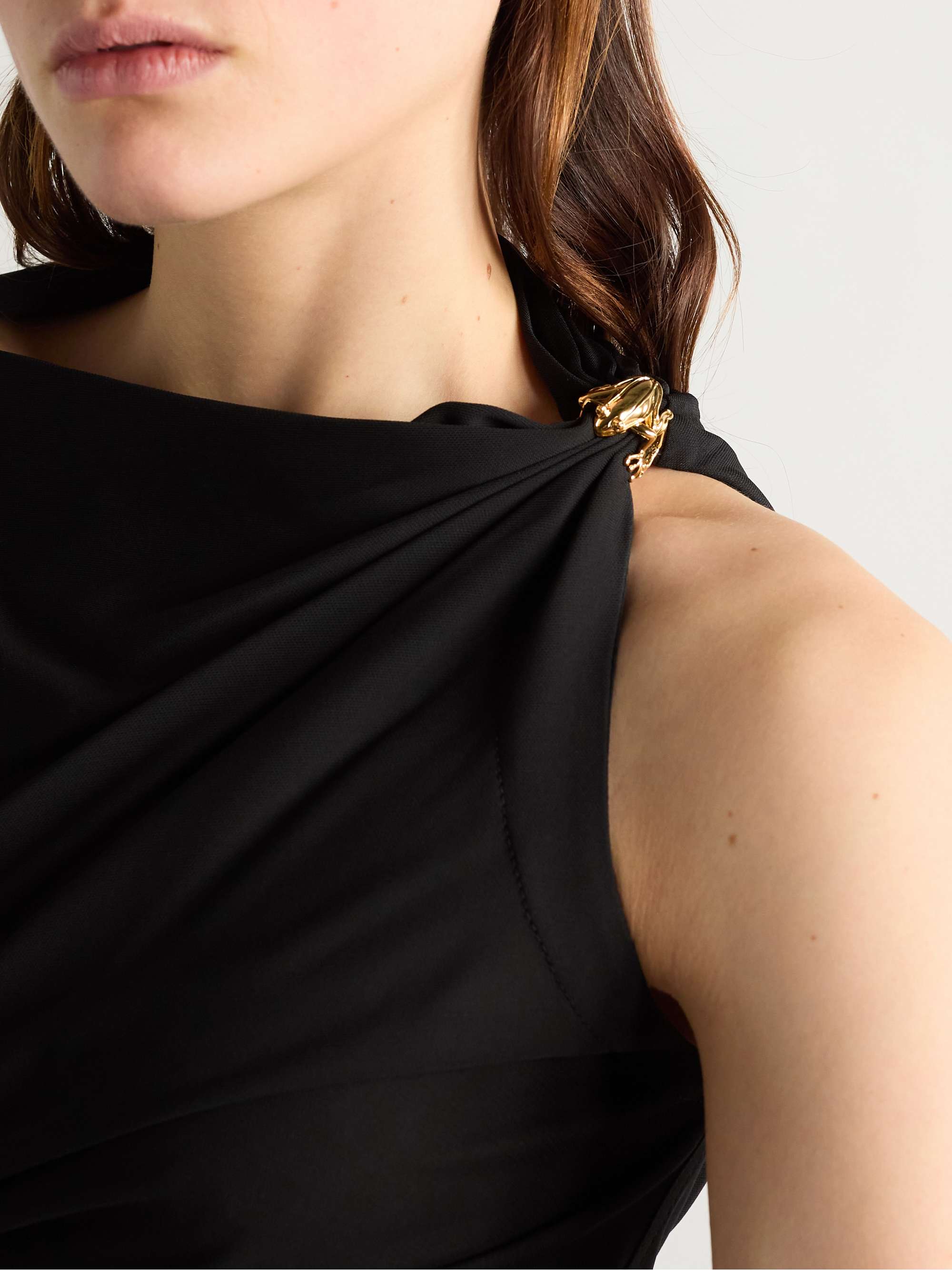 Asymmetric cape-effect embellished draped jersey dress view