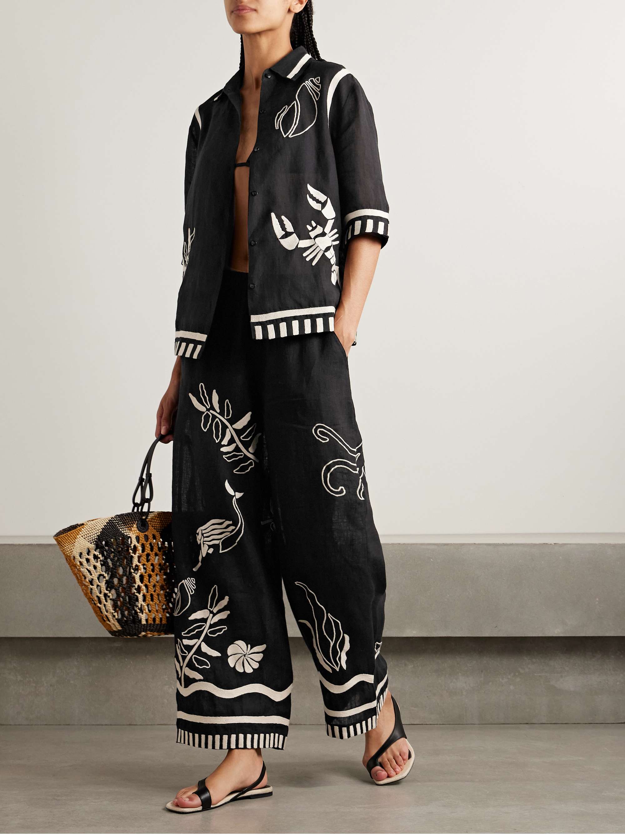 Mermaid Octopus embroidered linen wide-leg pants view