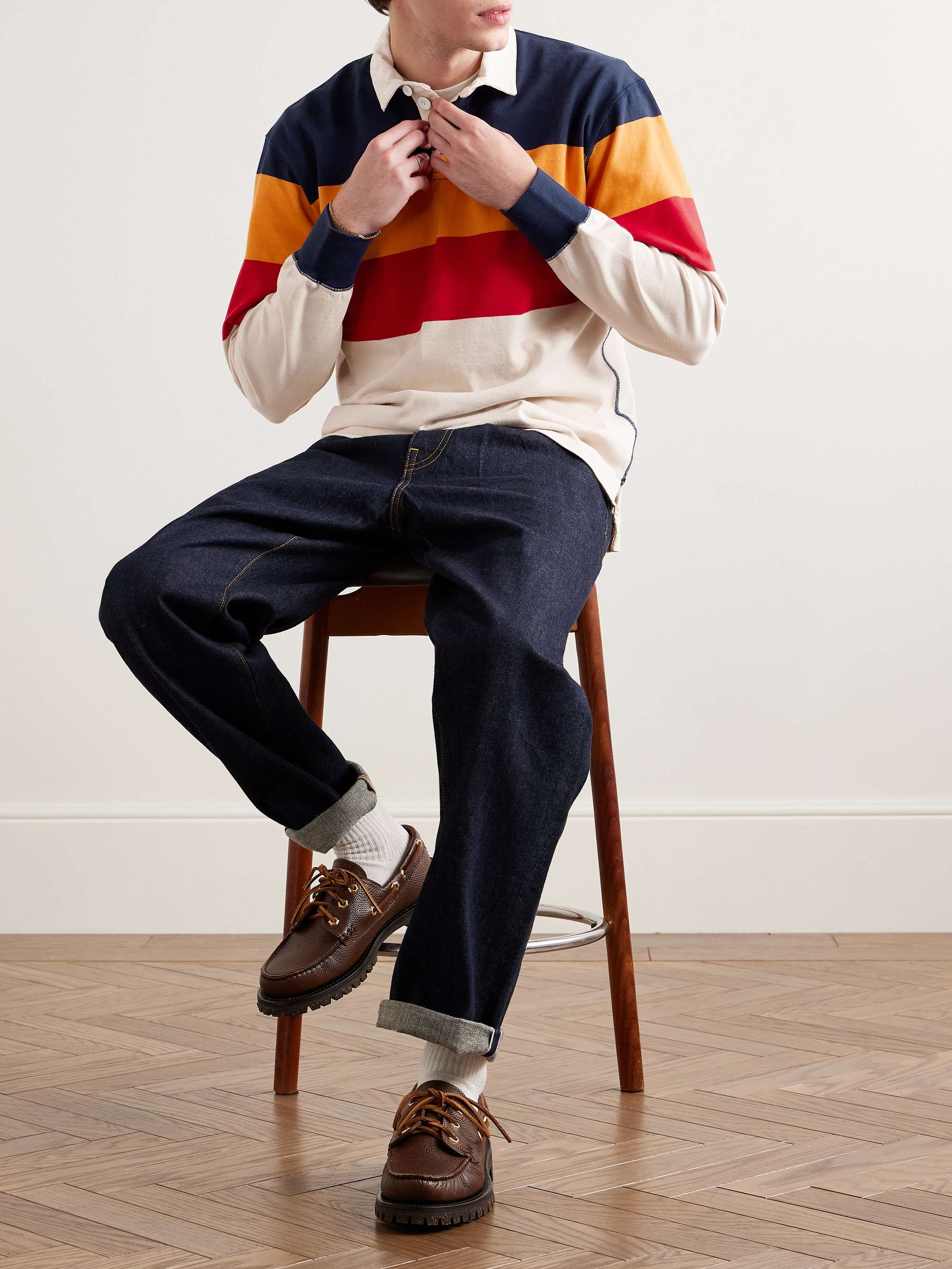 Twill-Trimmed Striped Cotton-Jersey Polo Shirt view