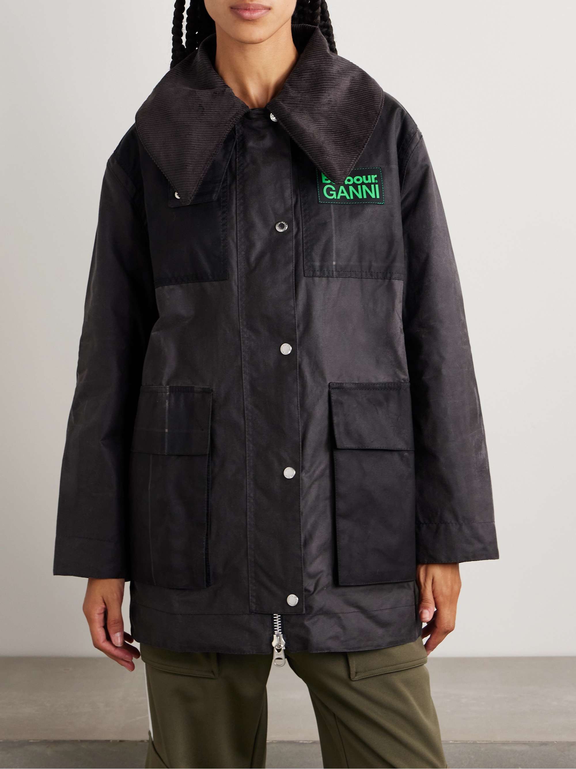 + GANNI corduroy-trimmed paneled checked waxed-organic cotton jacket view