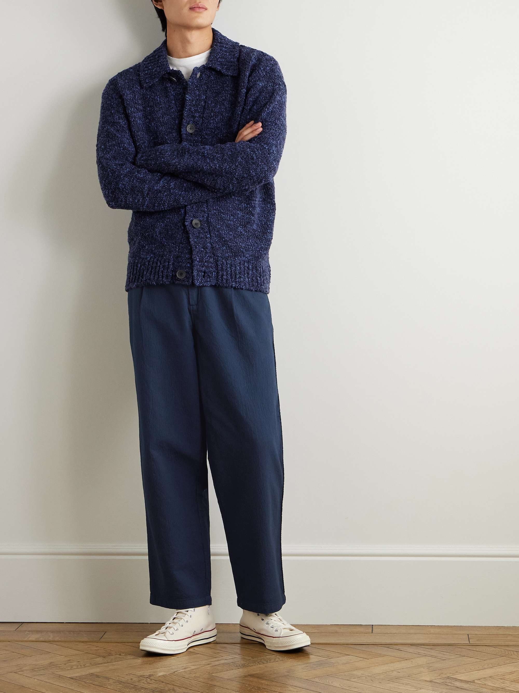 Wide-Leg Pleated Topstitched Cotton Trousers view
