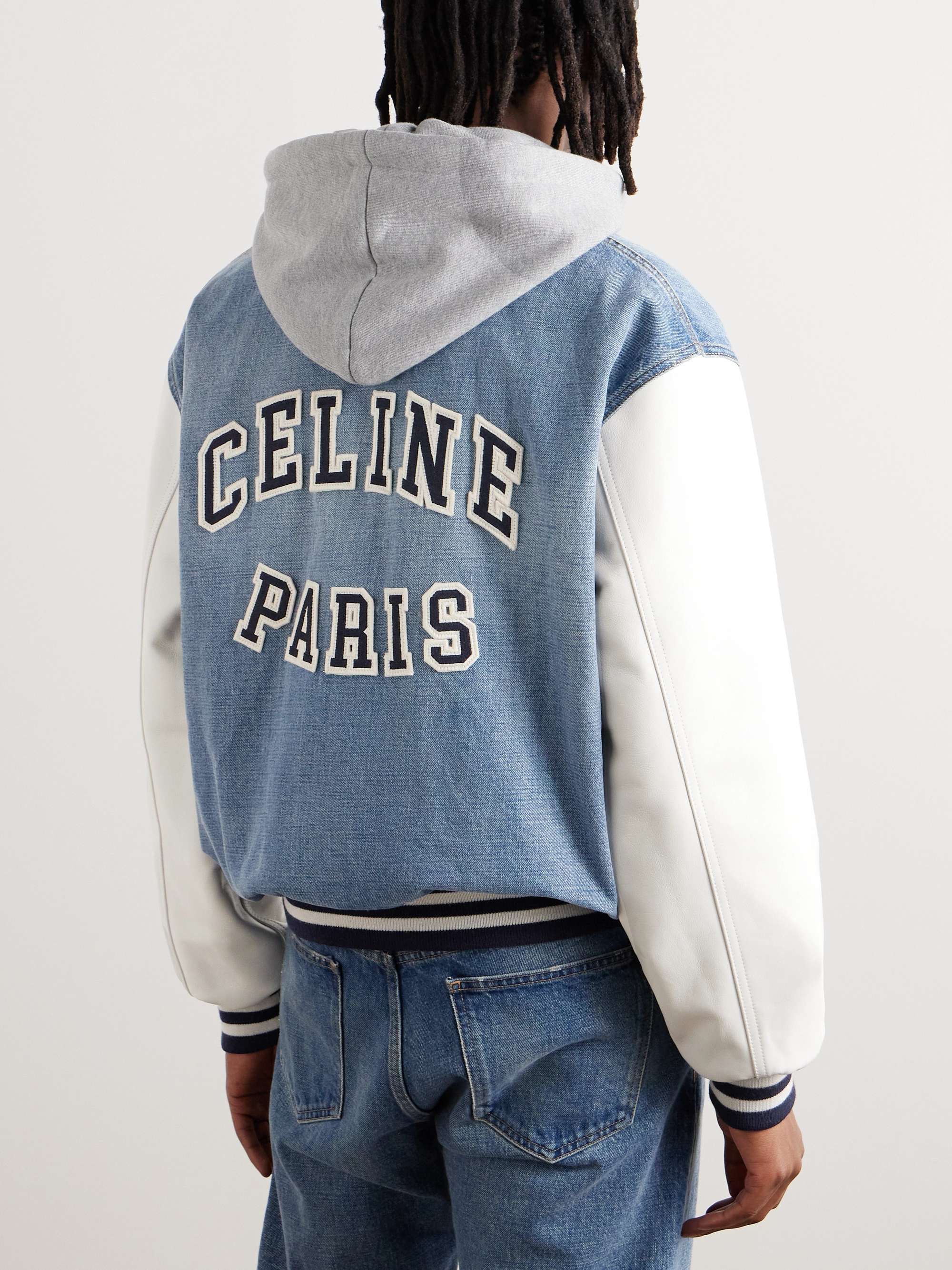 Teddy Logo-Appliquéd Denim, Leather and Jersey Hooded Varsity Jacket view
