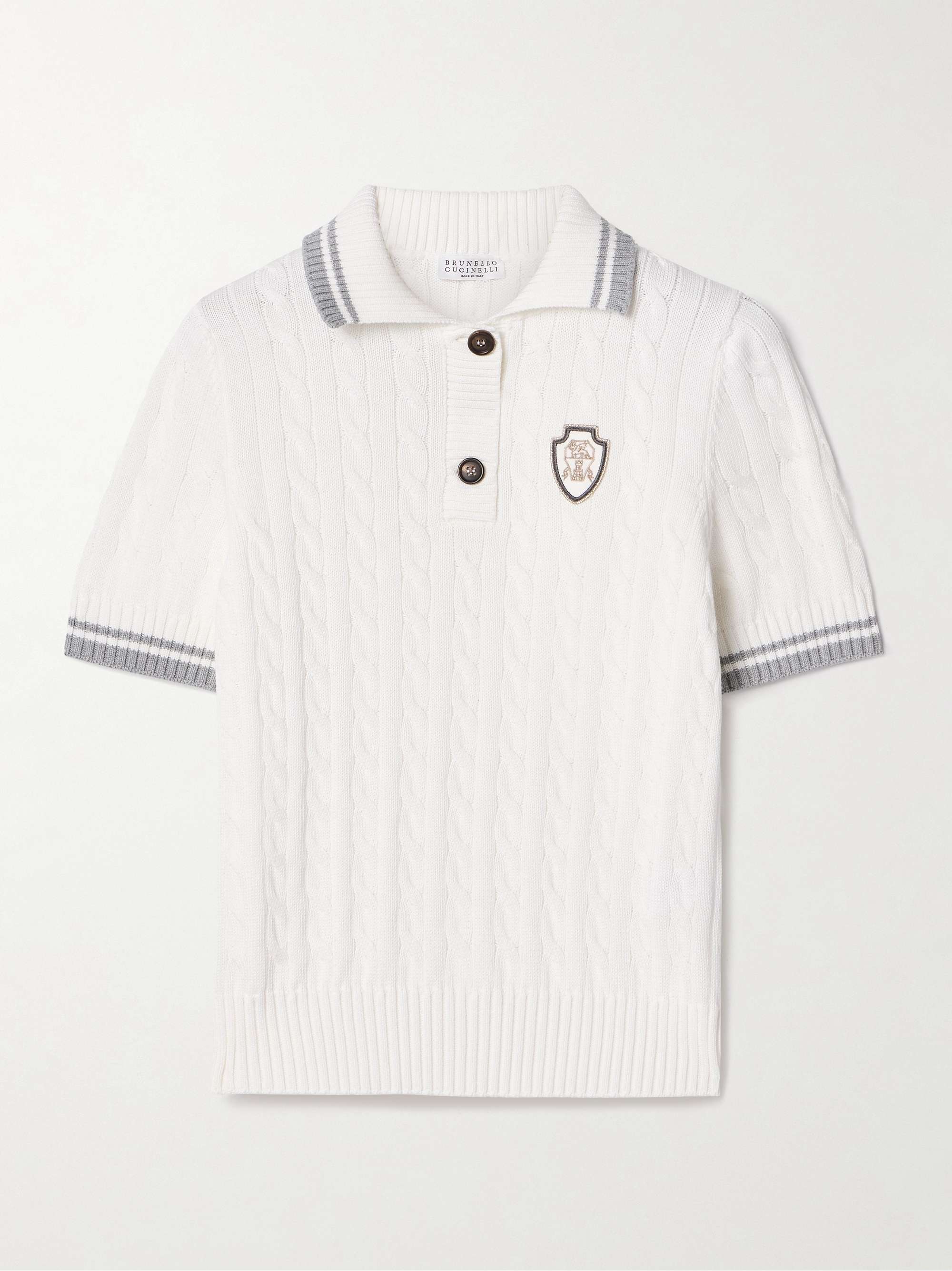 Appliquéd cable-knit cotton polo sweater view