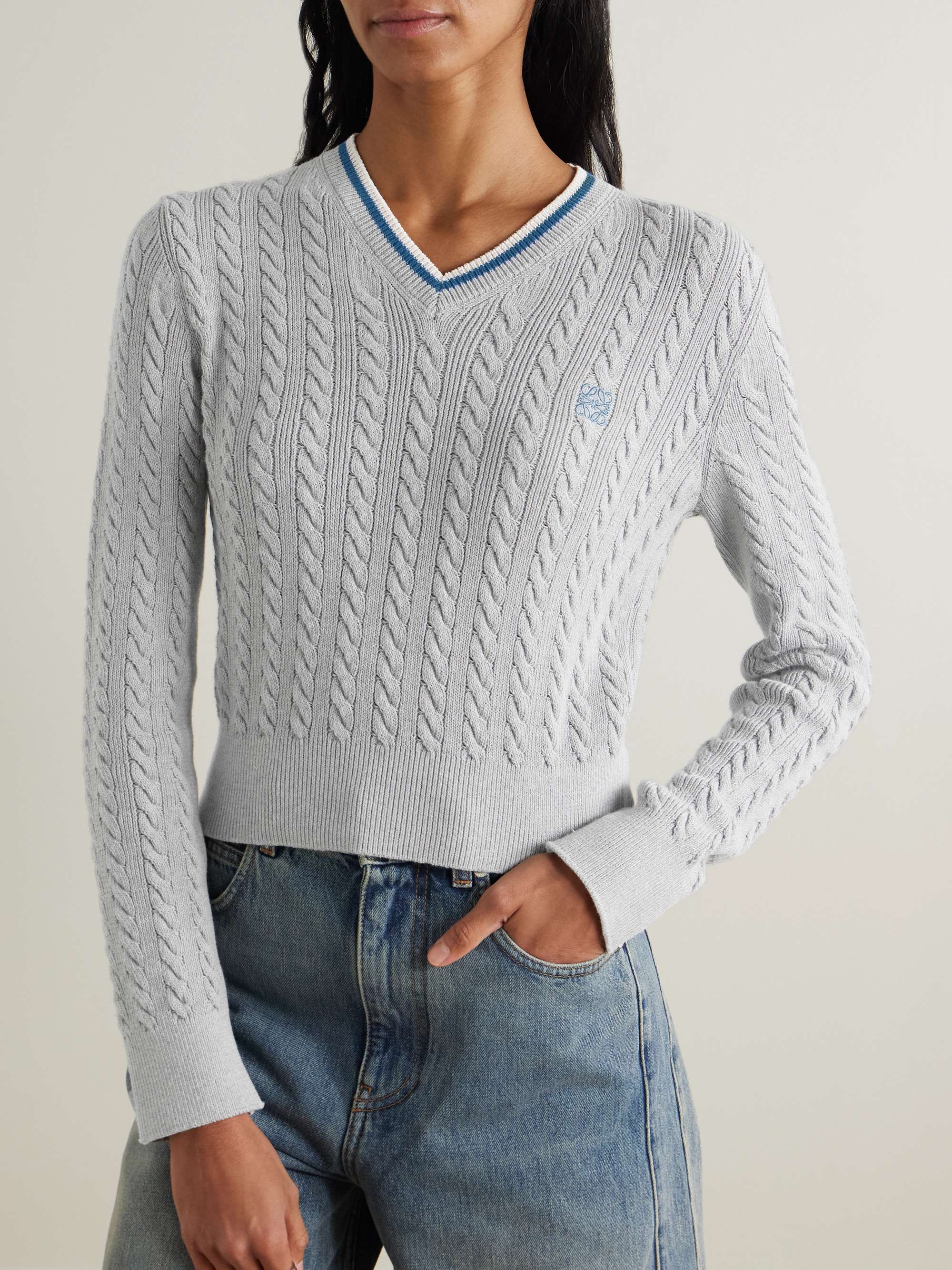 Striped cable-knit cotton-blend sweater view