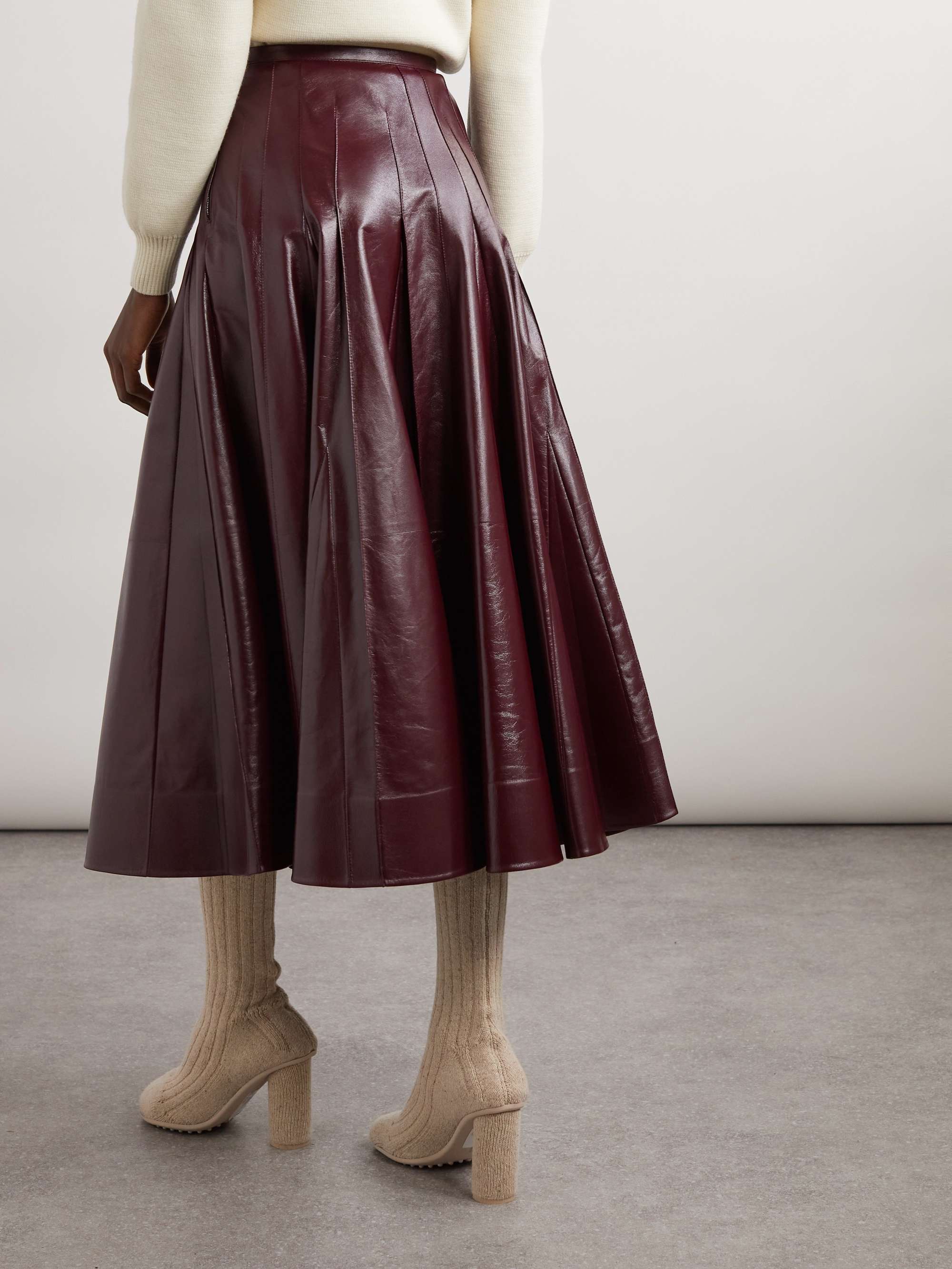 Pleated glossed-leather midi skirt view