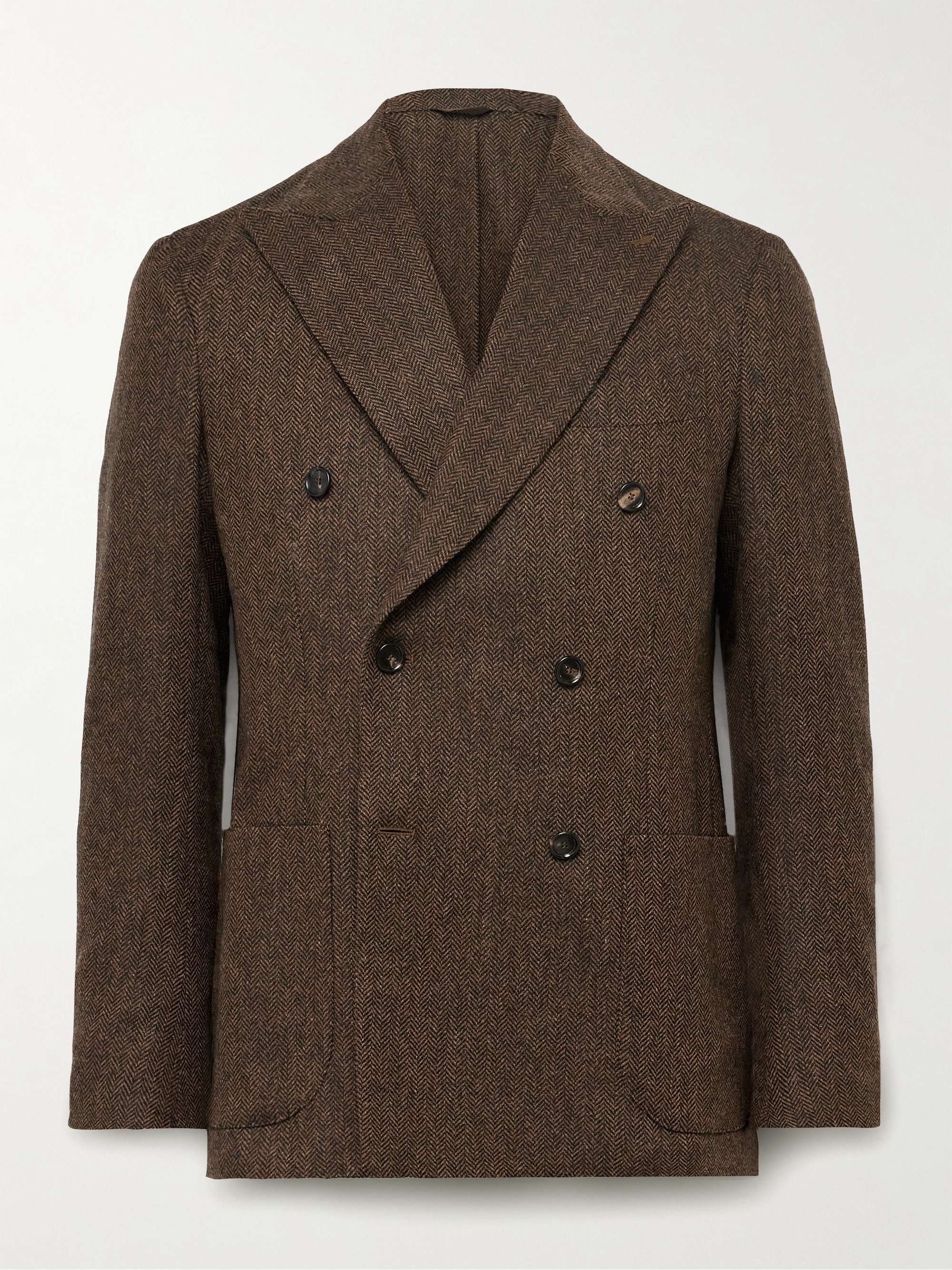 Unstructured Double-Breasted Herringbone Wool and Cashmere-Blend Blazer view
