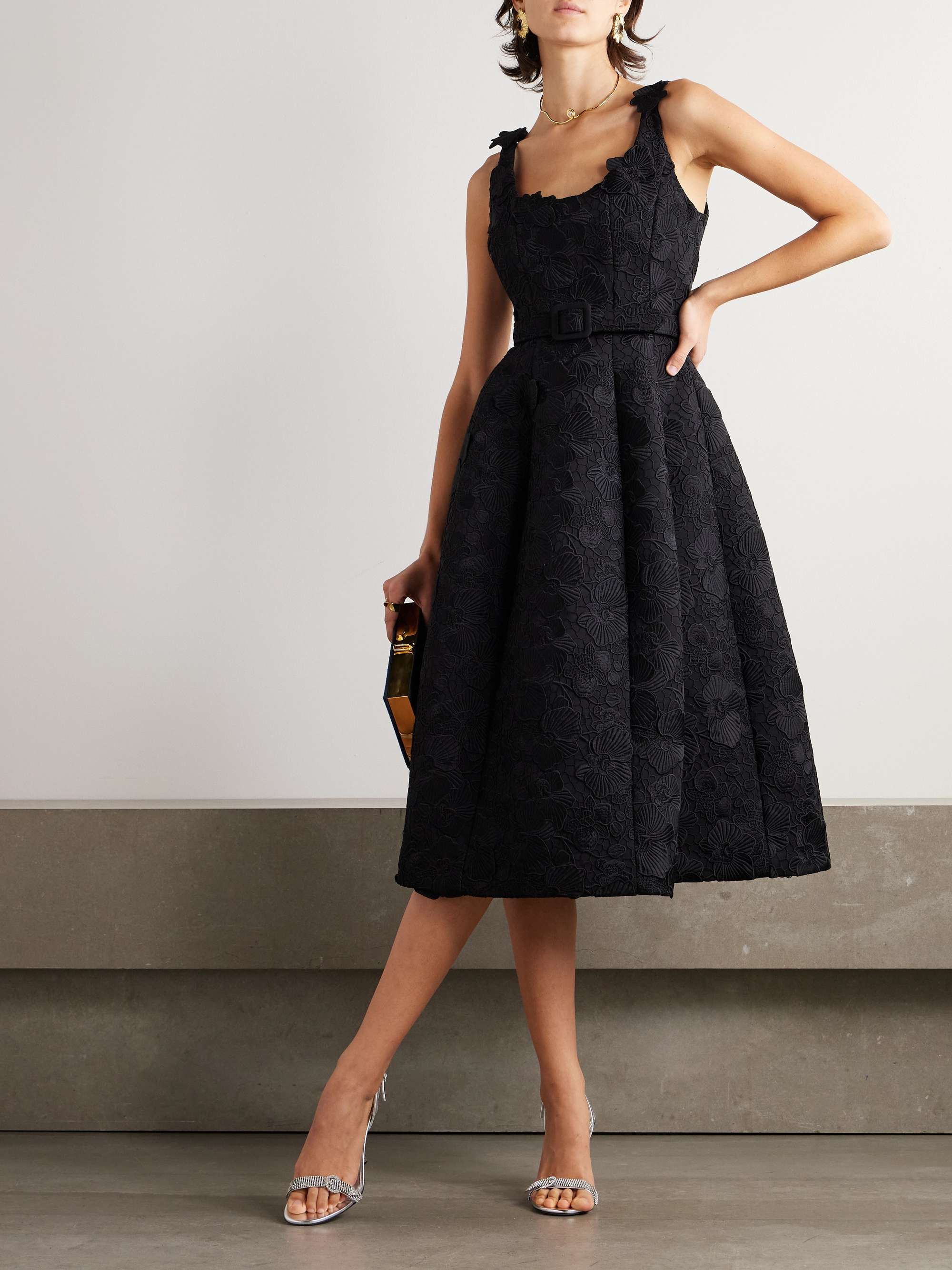 Belted appliquéd guipure lace and silk-blend crepe midi dress view
