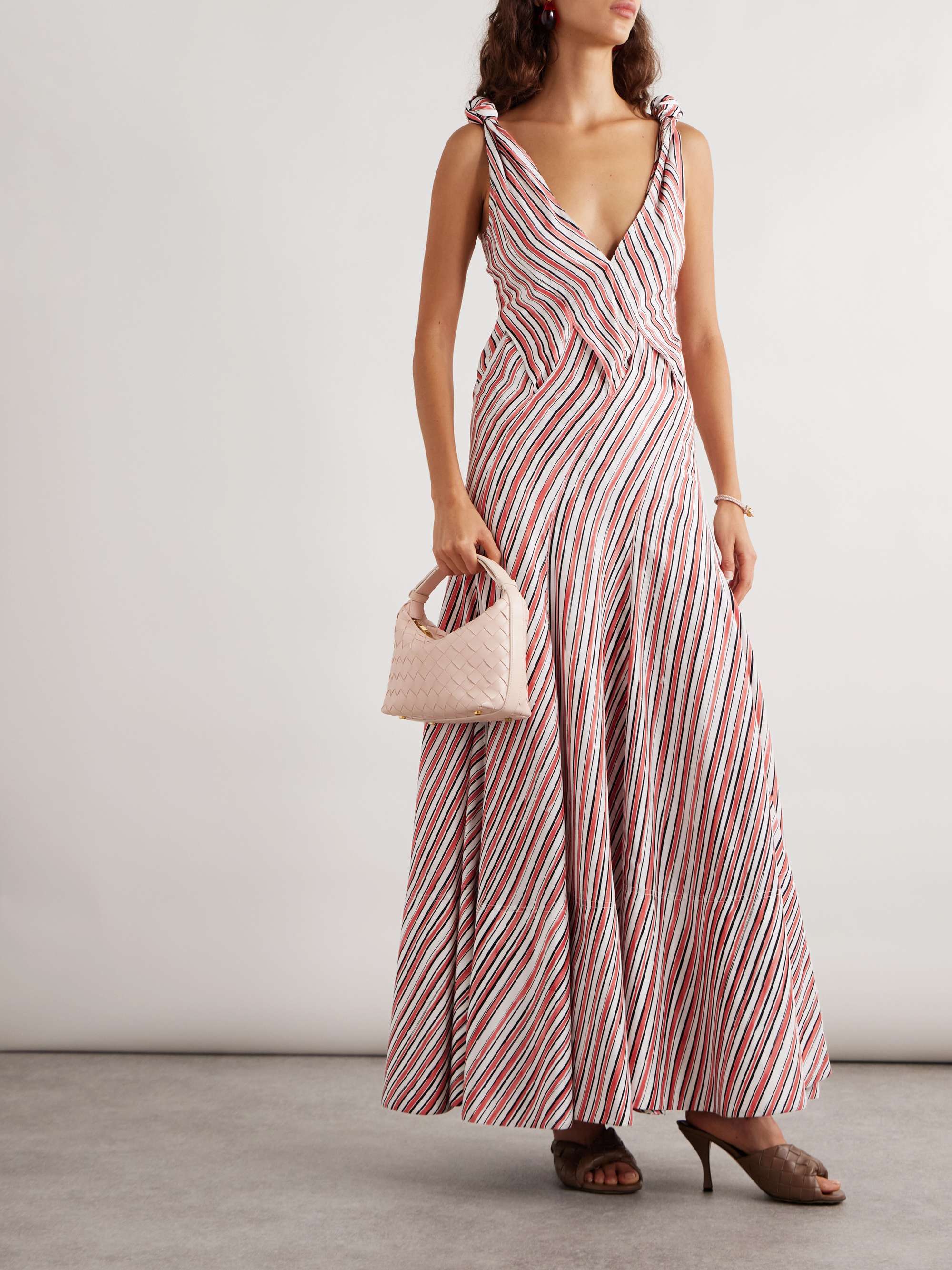 Knotted paneled striped silk-habotai maxi dress view