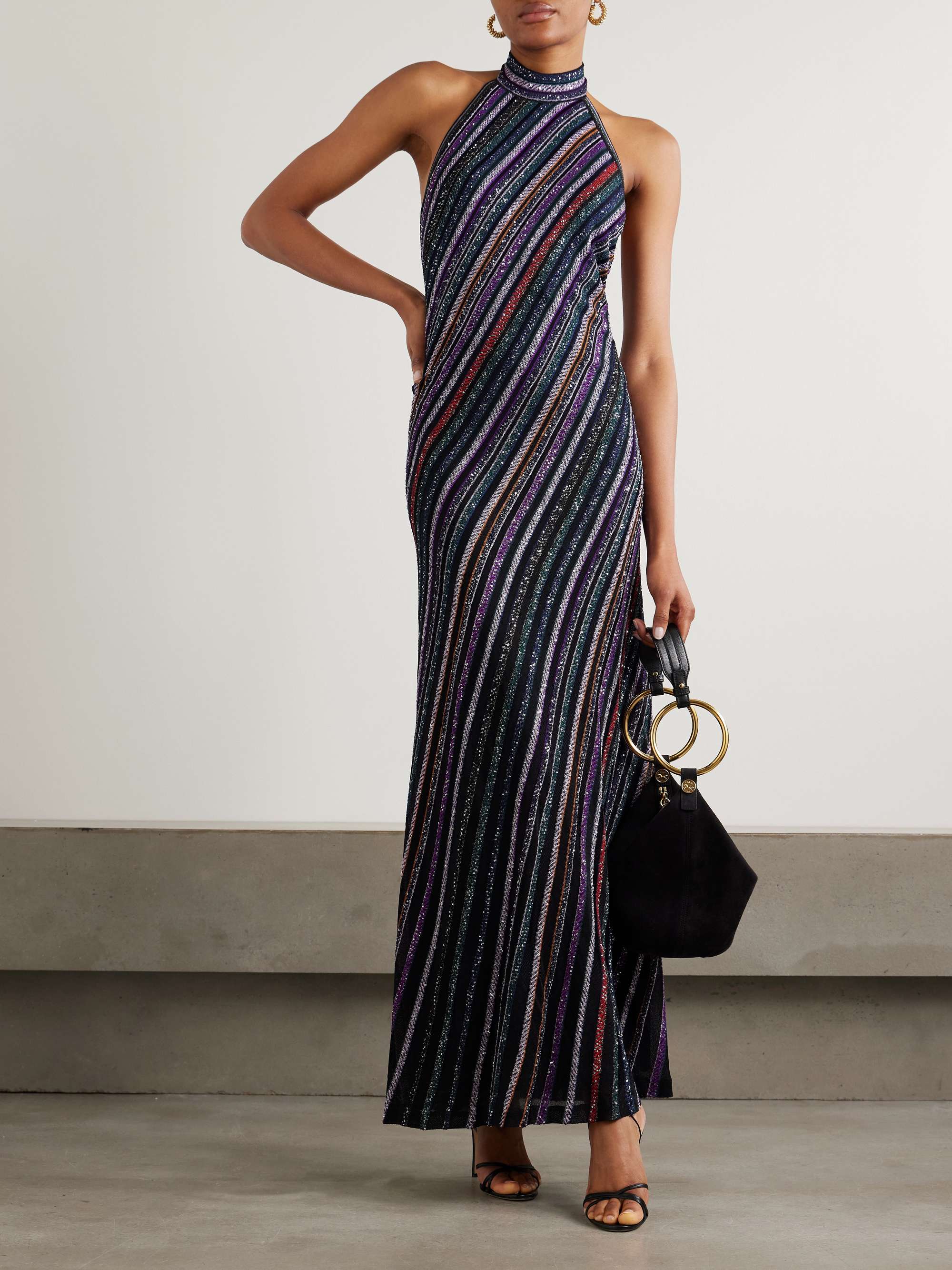 Sequined striped crochet-knit halterneck maxi dress view