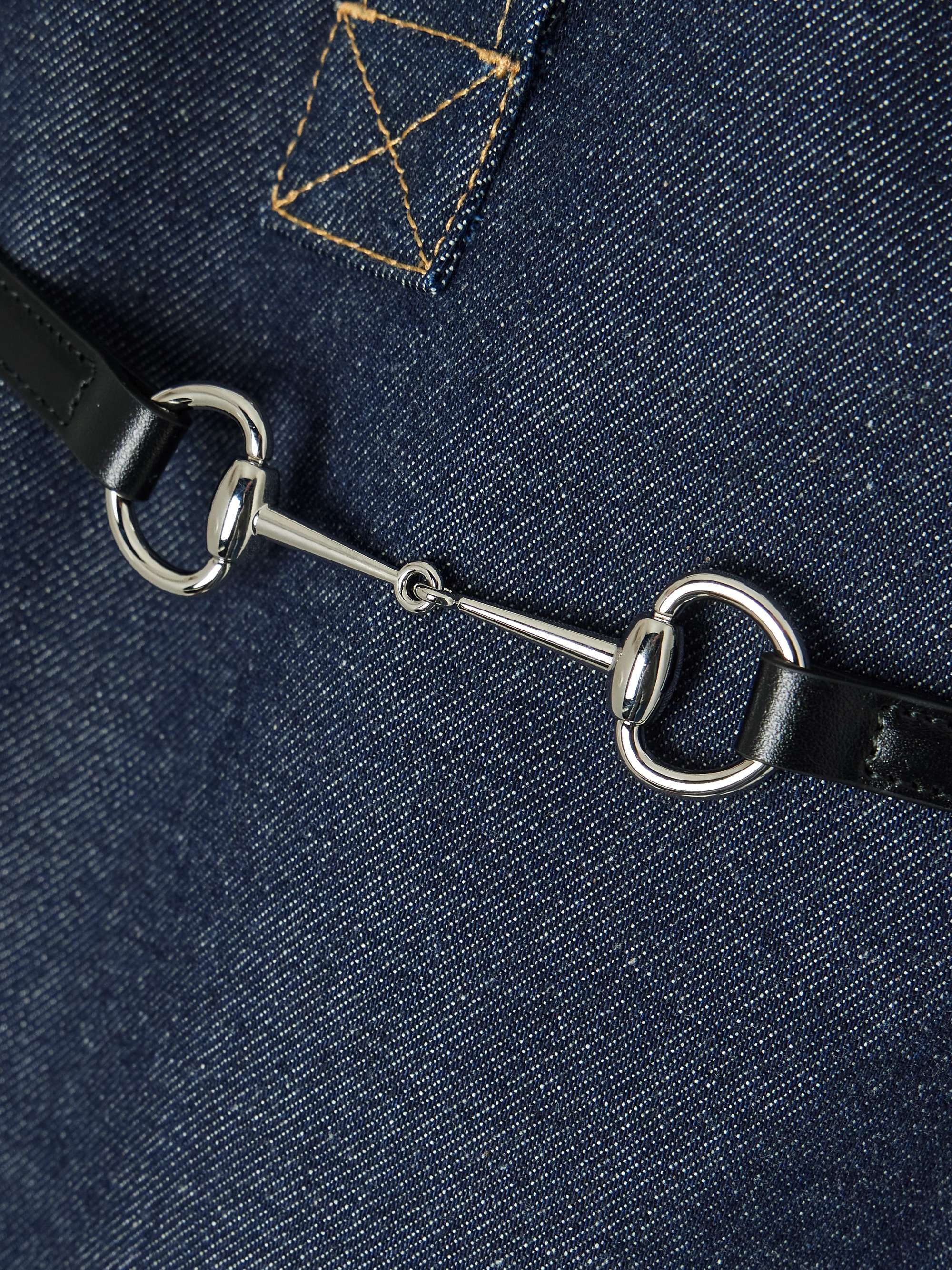 Belted leather-trimmed denim mini dress view