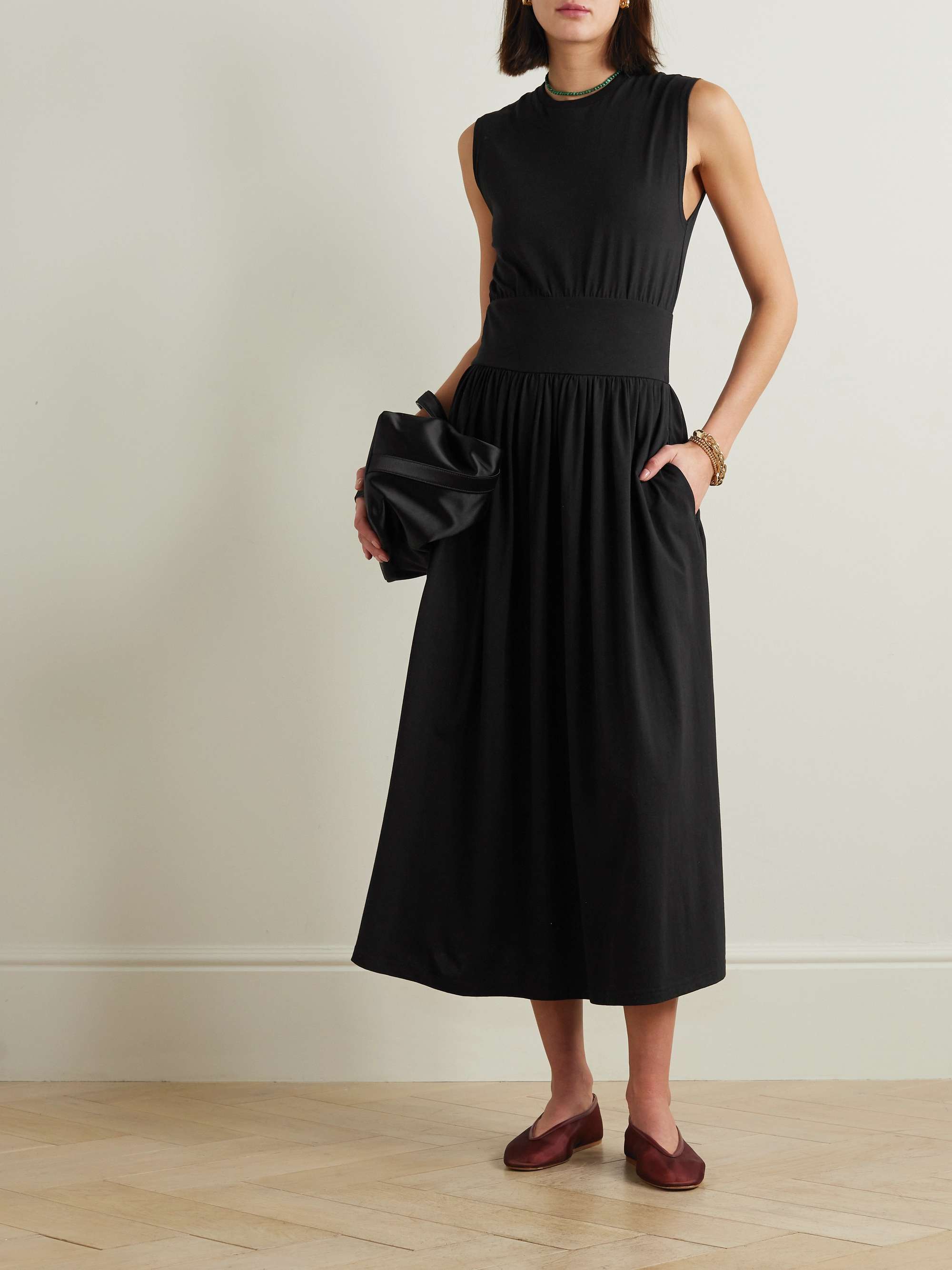 Pleated organic cotton-jersey midi dress view
