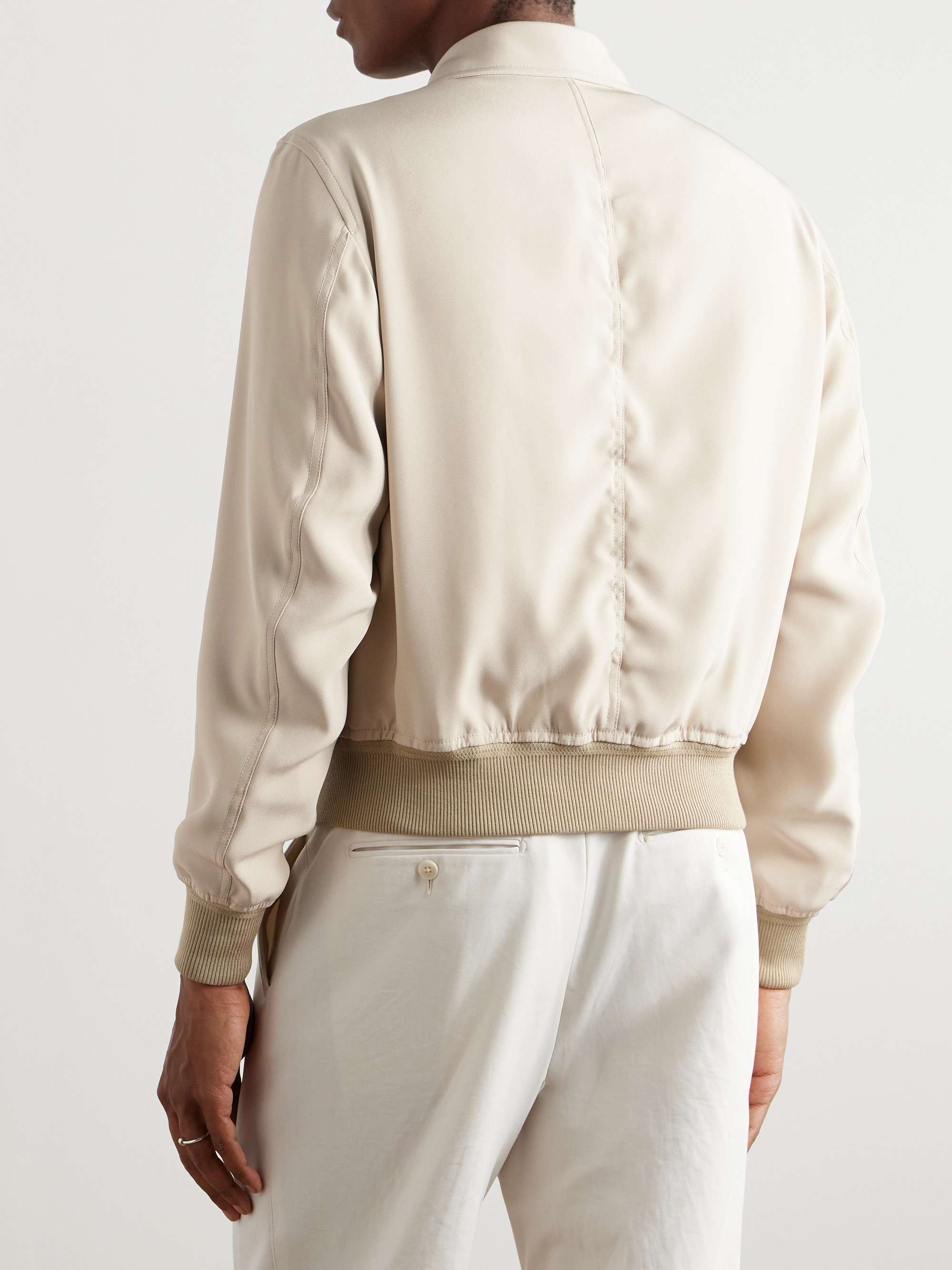 Reversible Leather-Trimmed Silk-Satin and Silk-Crepe Bomber Jacket view