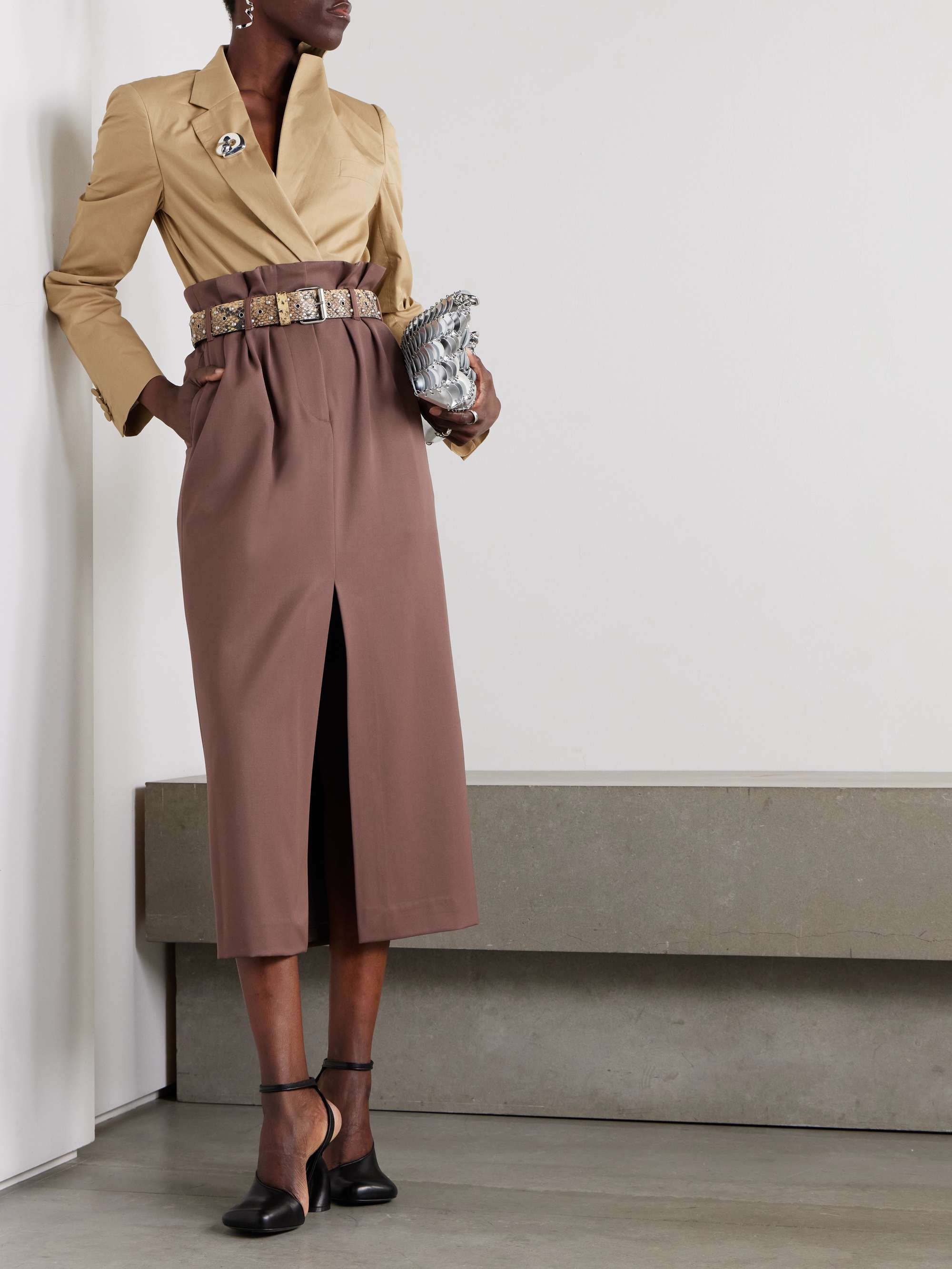 Belted pleated wool-twill midi skirt view