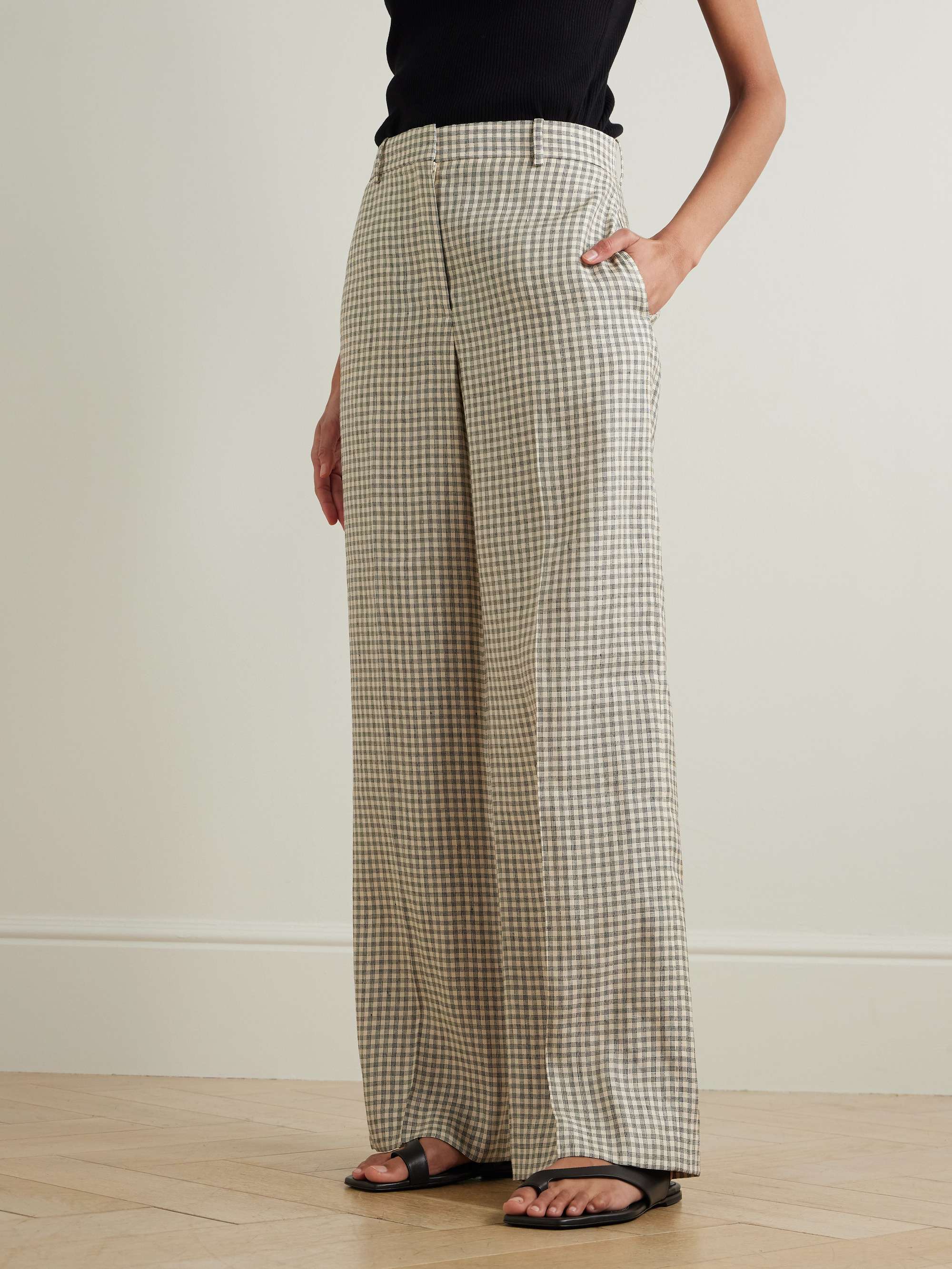 Checked linen-blend wide-leg pants view