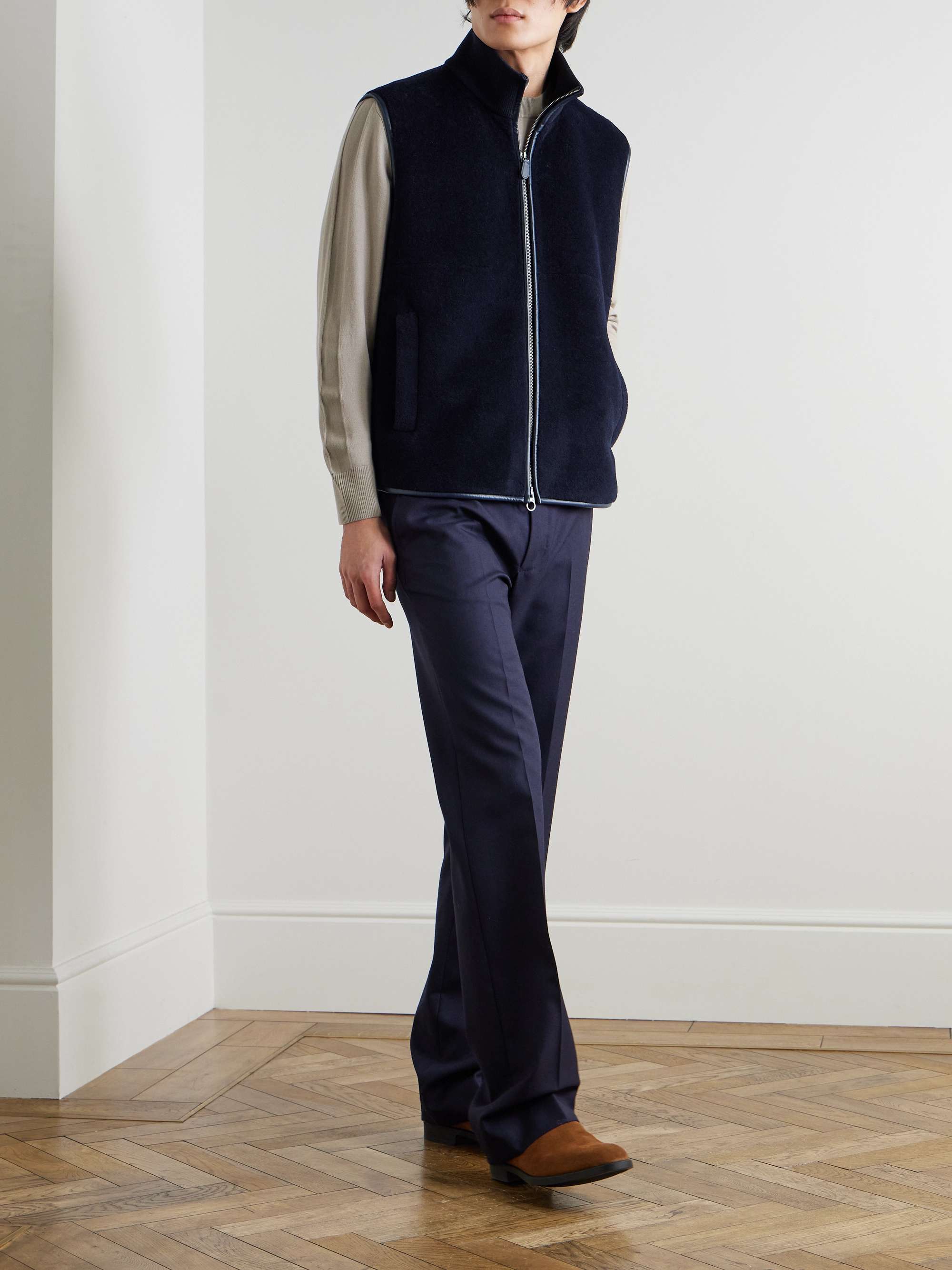 Ennio Leather-Trimmed Wool and Silk-Blend Fleece Gilet view