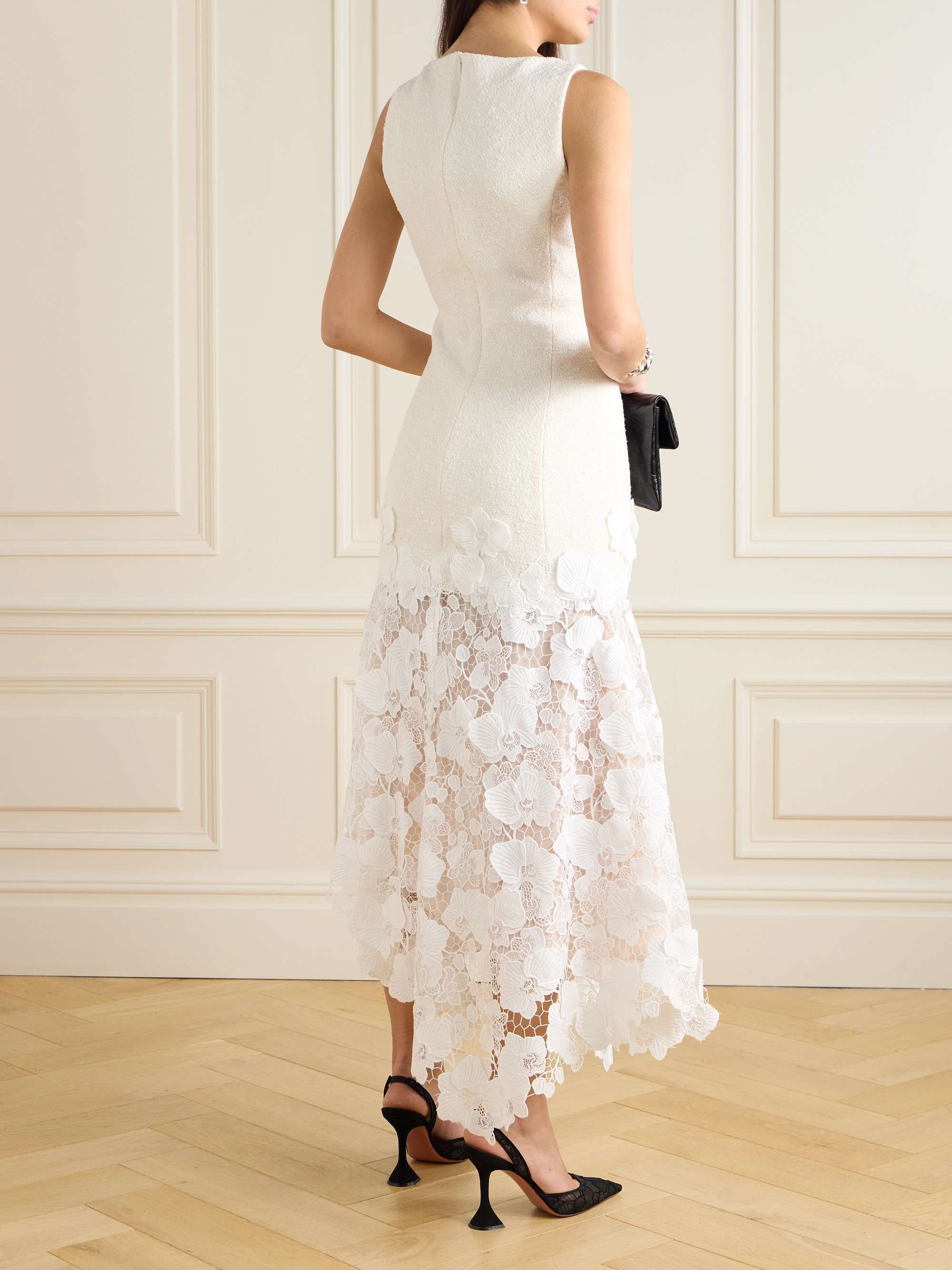 Asymmetric cotton and wool-blend bouclé and guipure lace dress view