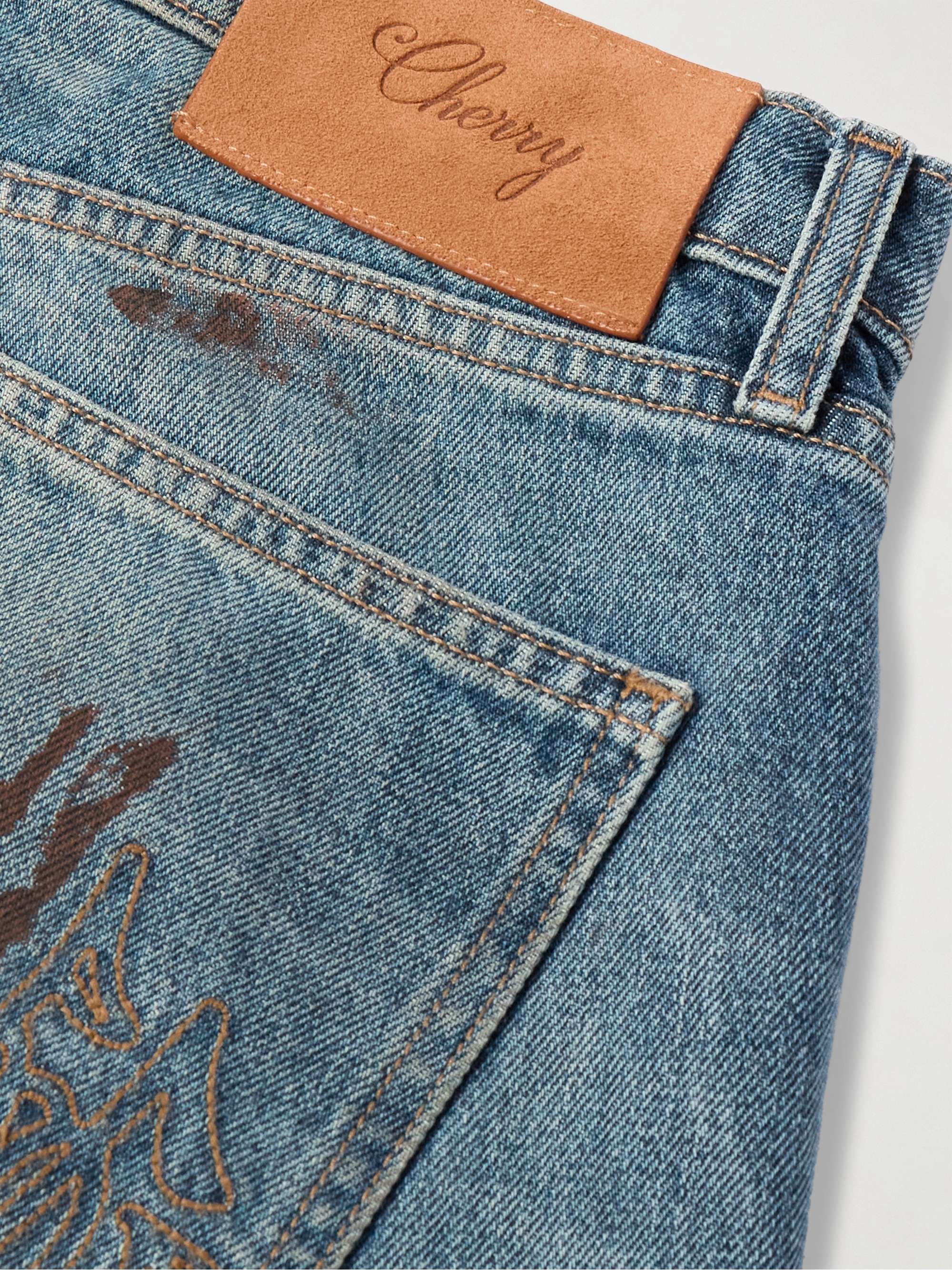 Straight-Leg Logo-Embroidered Paint-Splattered Jeans view