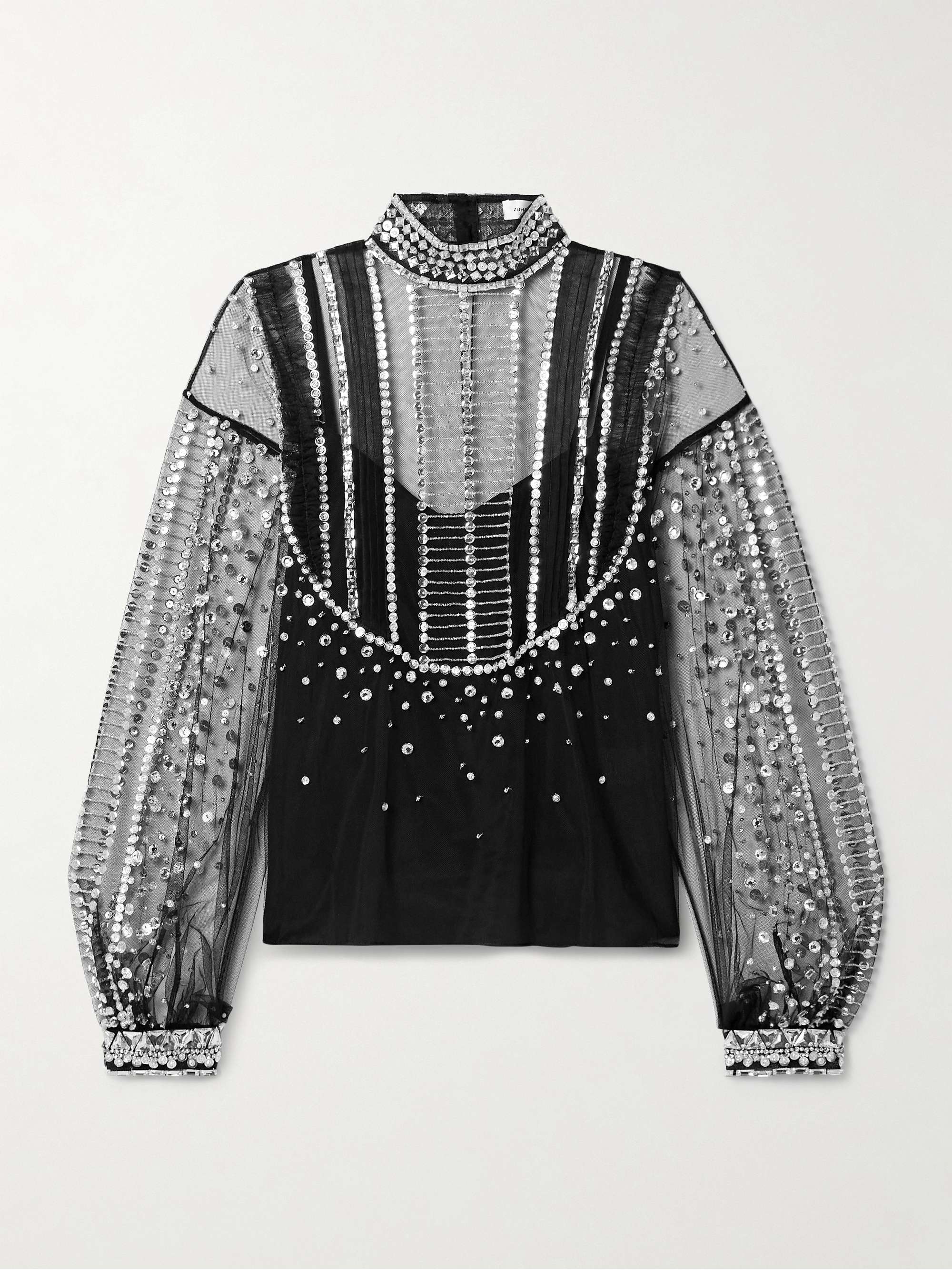 Embellished pintucked tulle turtleneck blouse view
