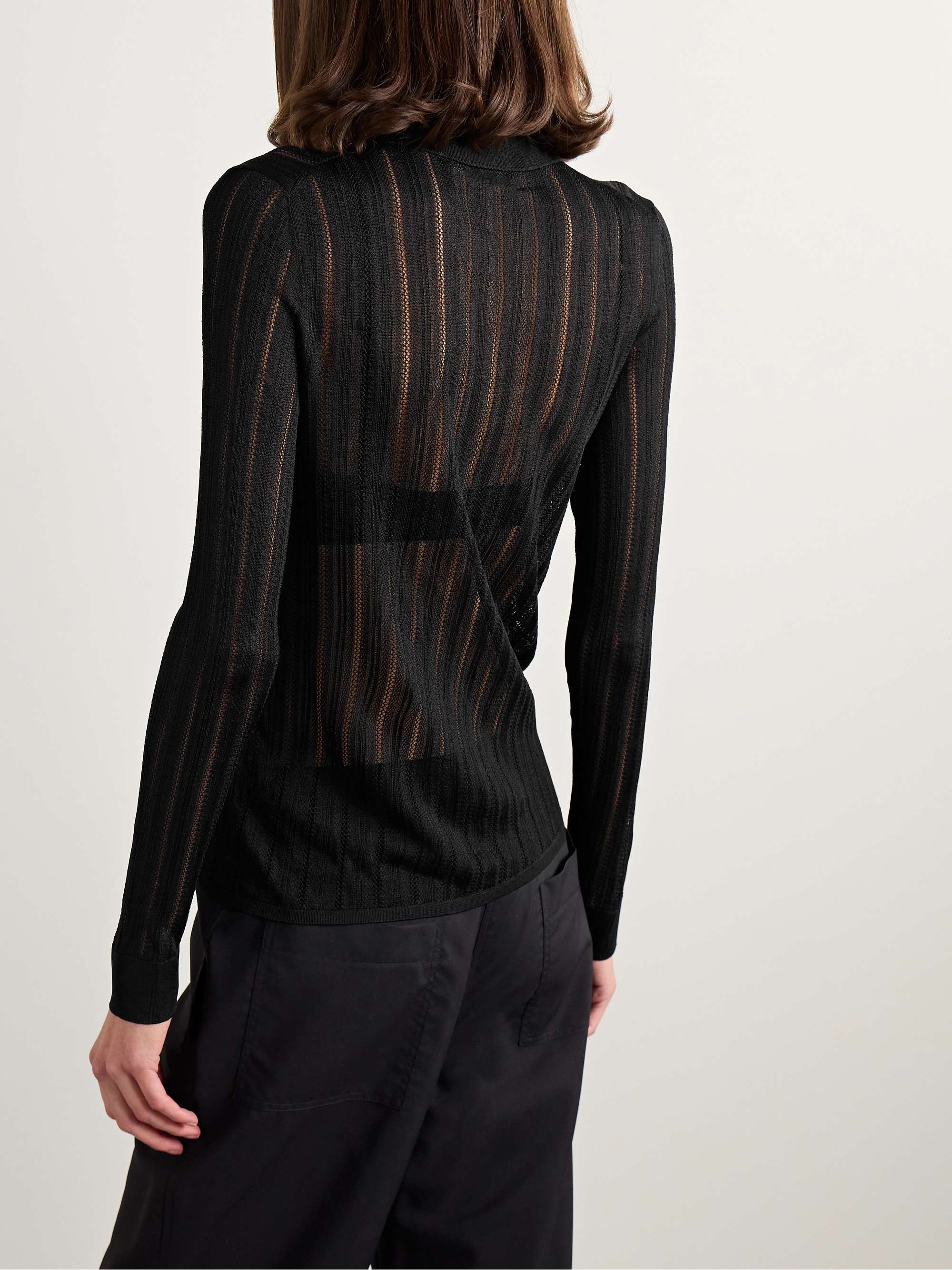 Lydia pointelle-knit mulberry silk polo sweater view