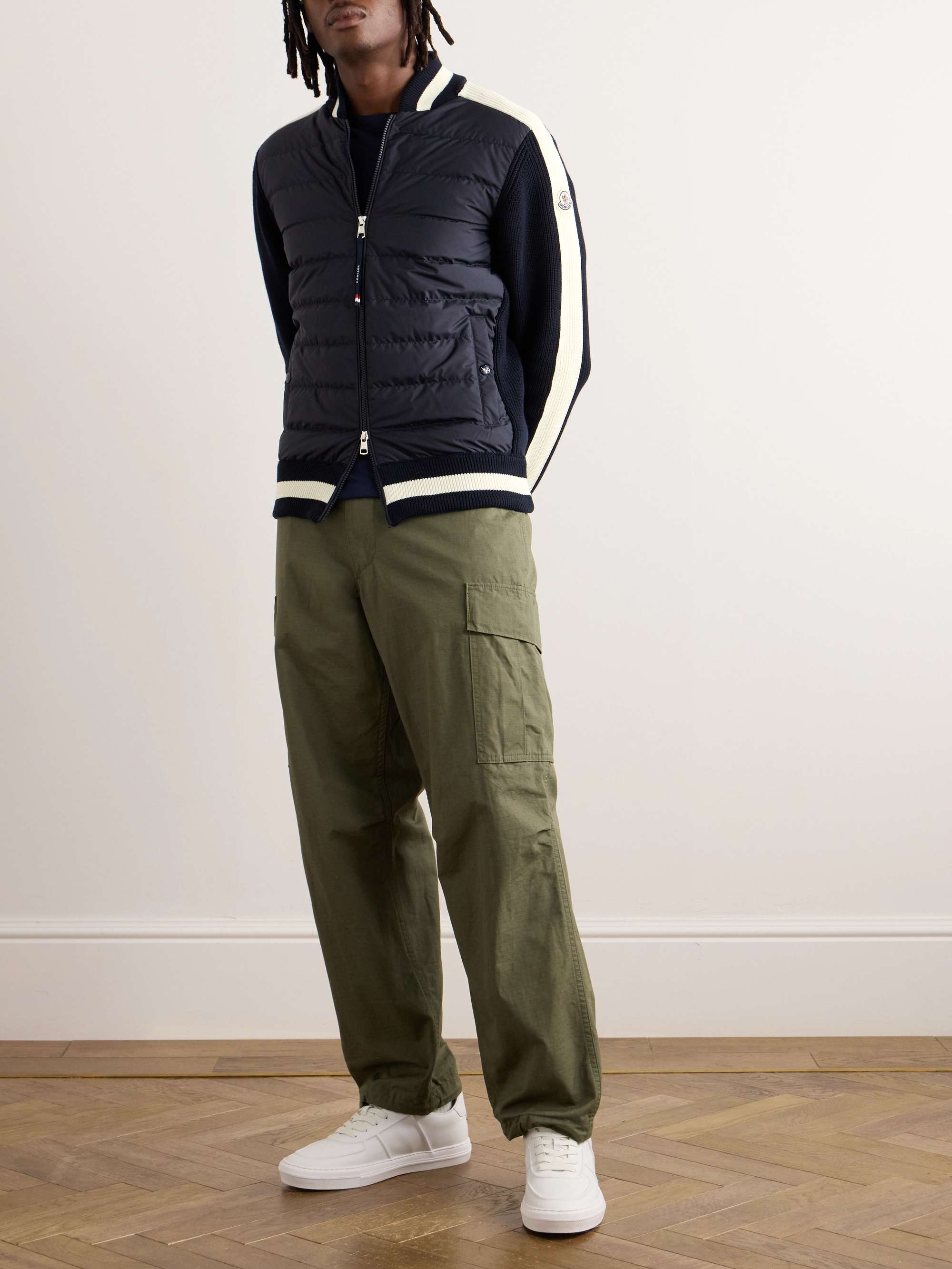 Slim-Fit Logo-Appliquéd Striped Ribbed Cotton and Quilted Shell Down Cardigan view