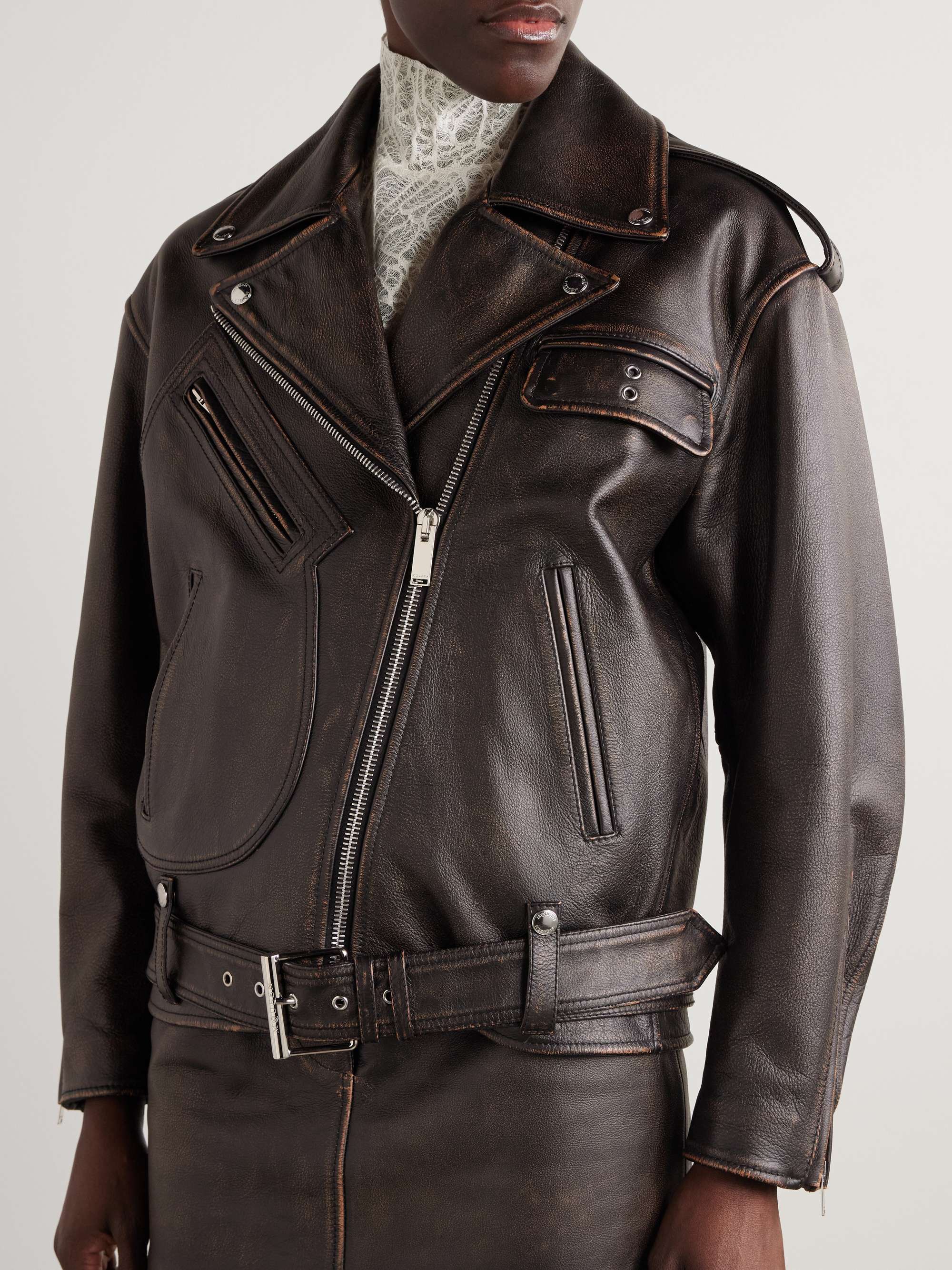 Distressed leather biker jacket view
