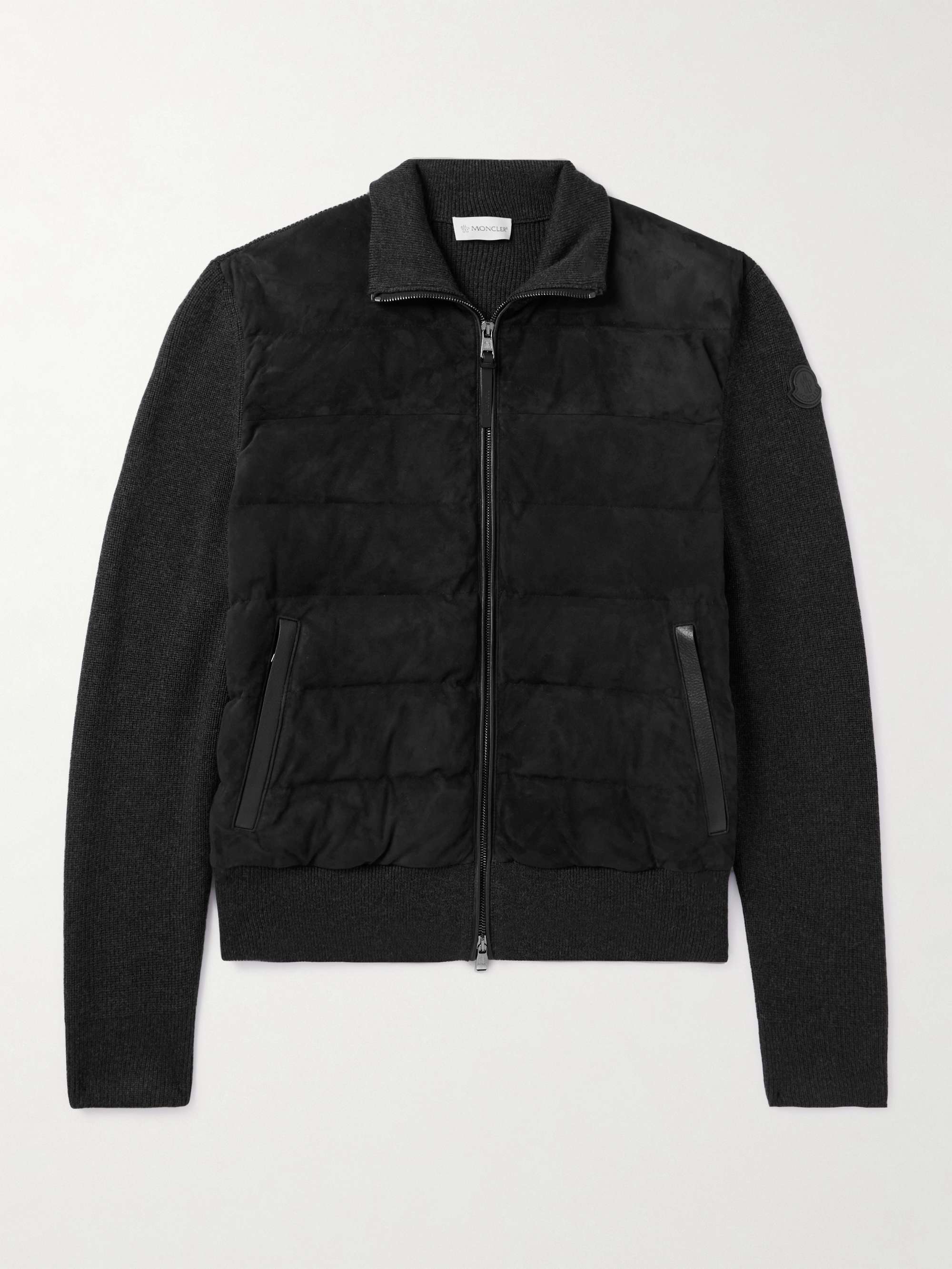 Slim-Fit Logo-Appliquéd Leather-Trimmed Quilted Suede and Virgin Wool Down Cardigan view