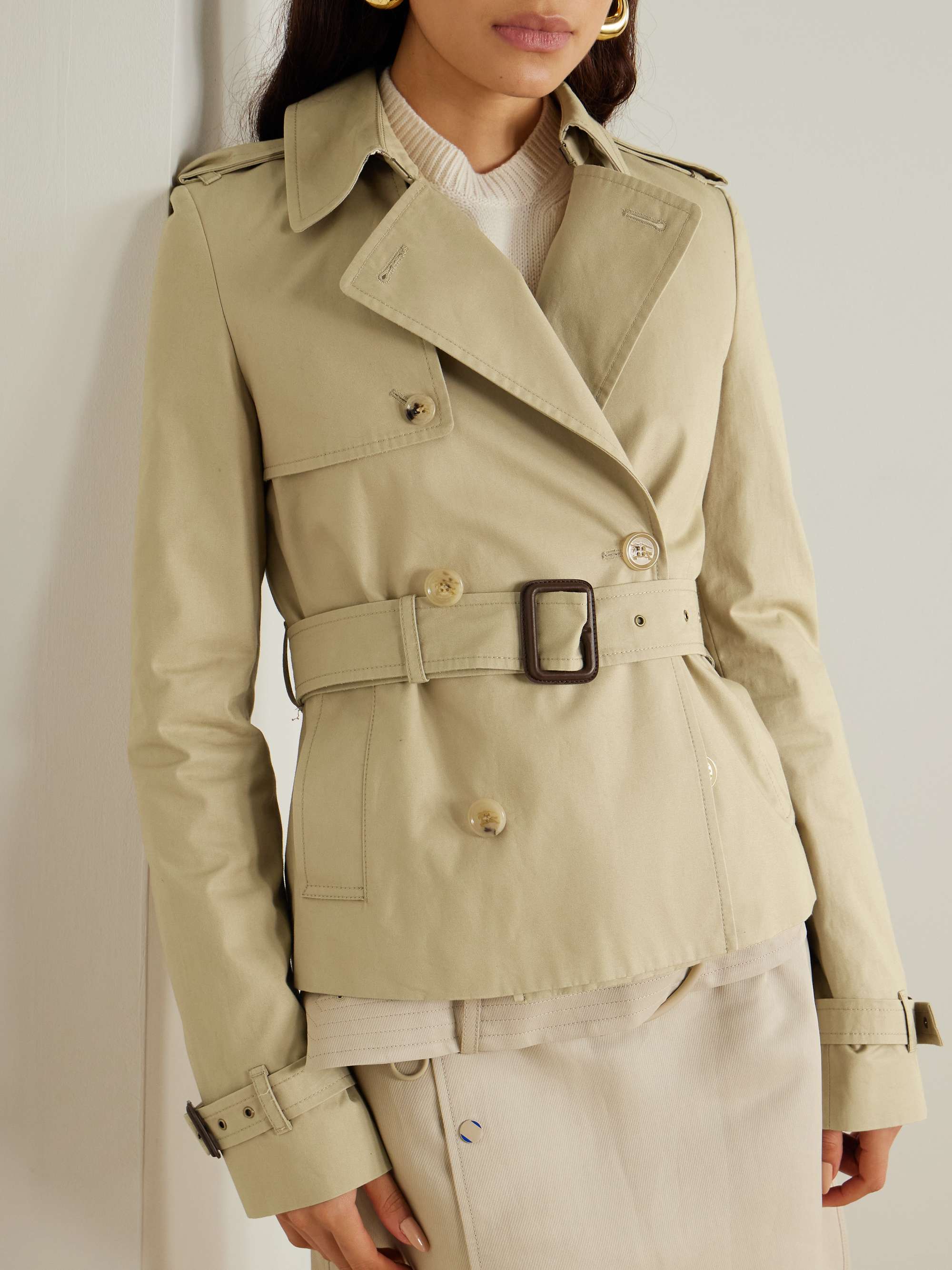 Waterloo cropped double-breasted leather-trimmed gabardine trench coat view