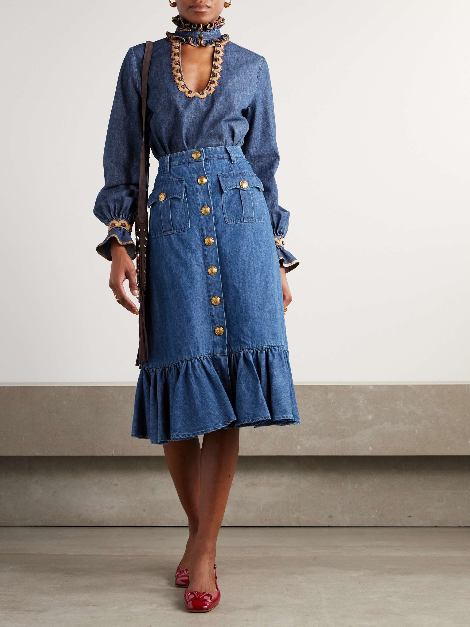 Ruffled denim midi skirt view
