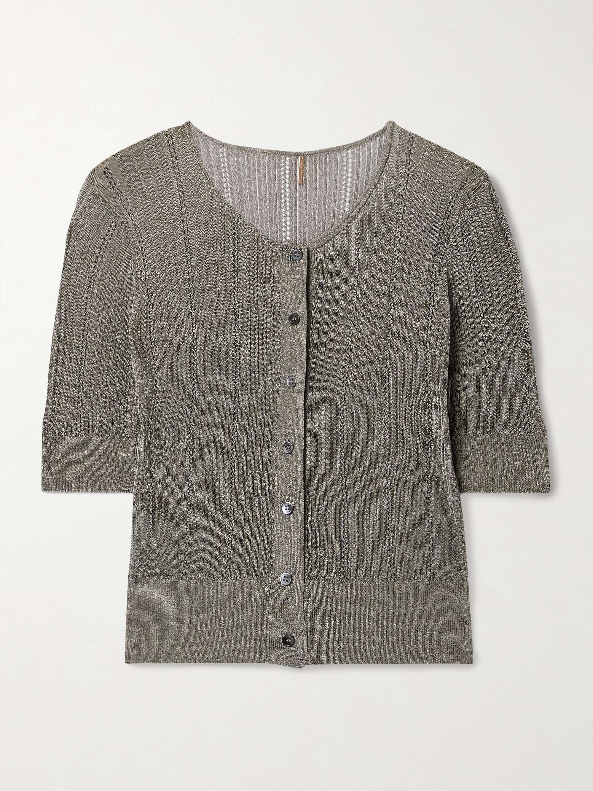 Metallic pointelle and ribbed-knit cardigan view
