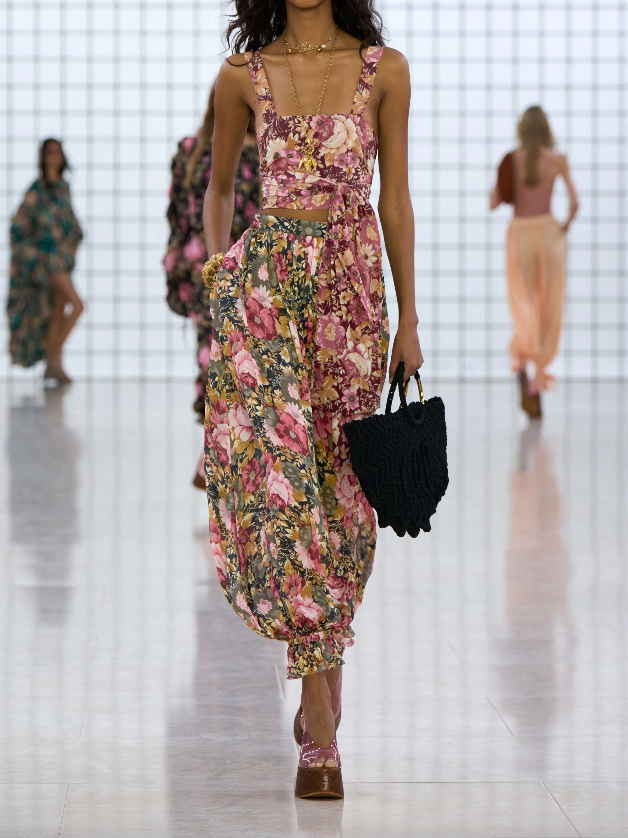 Cropped floral-print silk-crepe top view