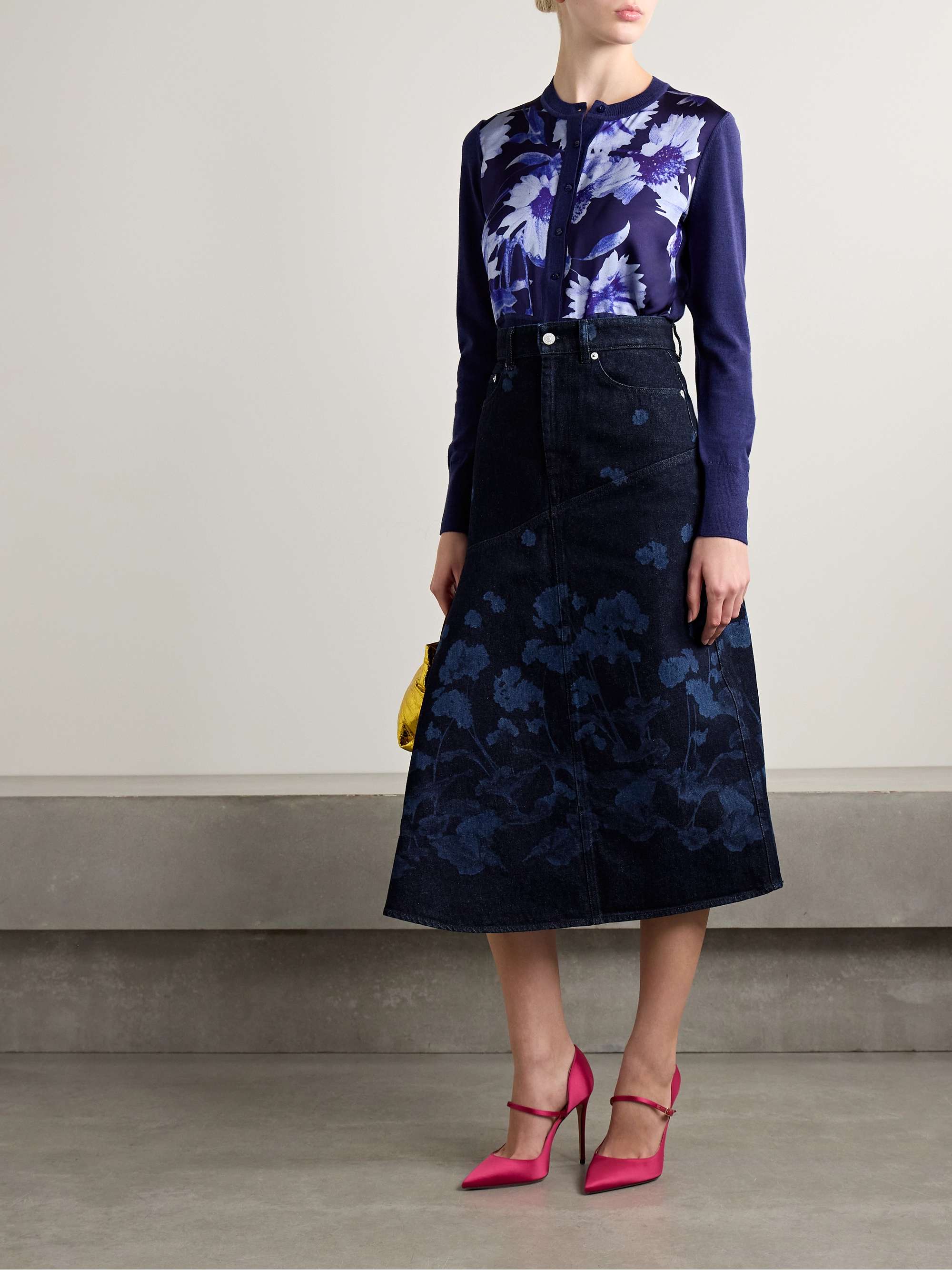 Paneled floral-print denim midi skirt view