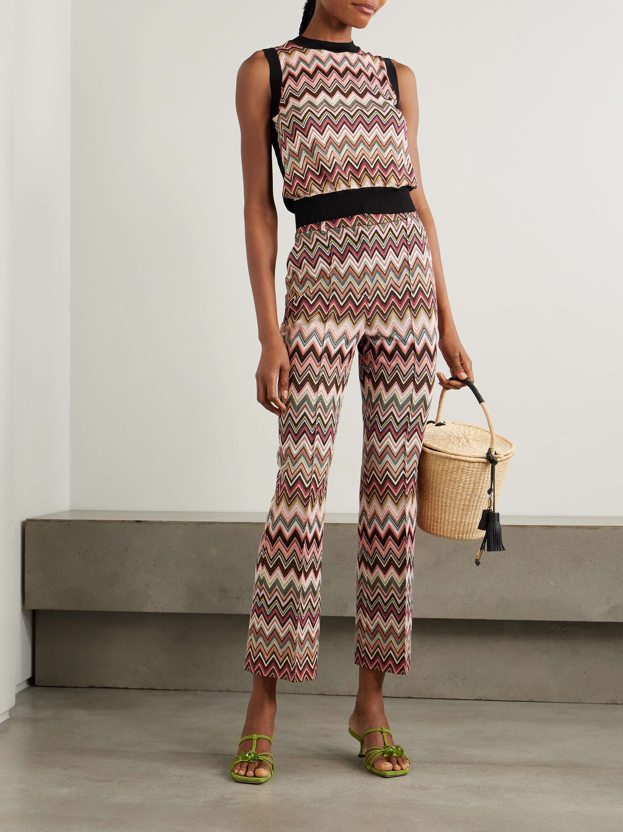 Metallic cotton-blend crochet-knit flared pants view