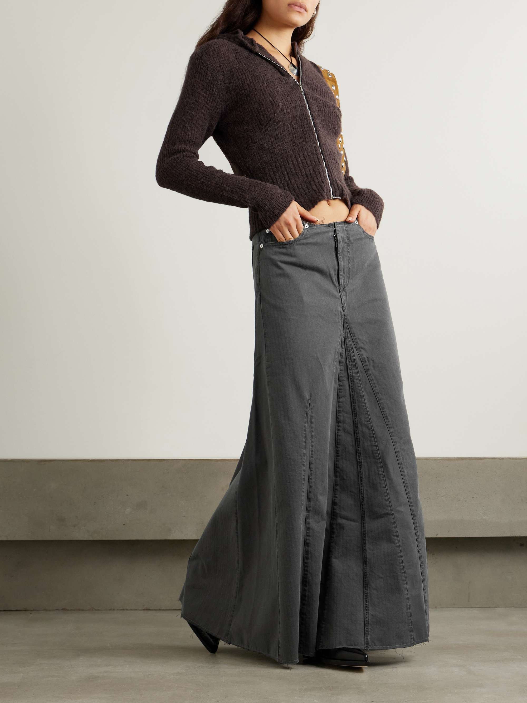 Rebel paneled grayed herringbone denim skirt view