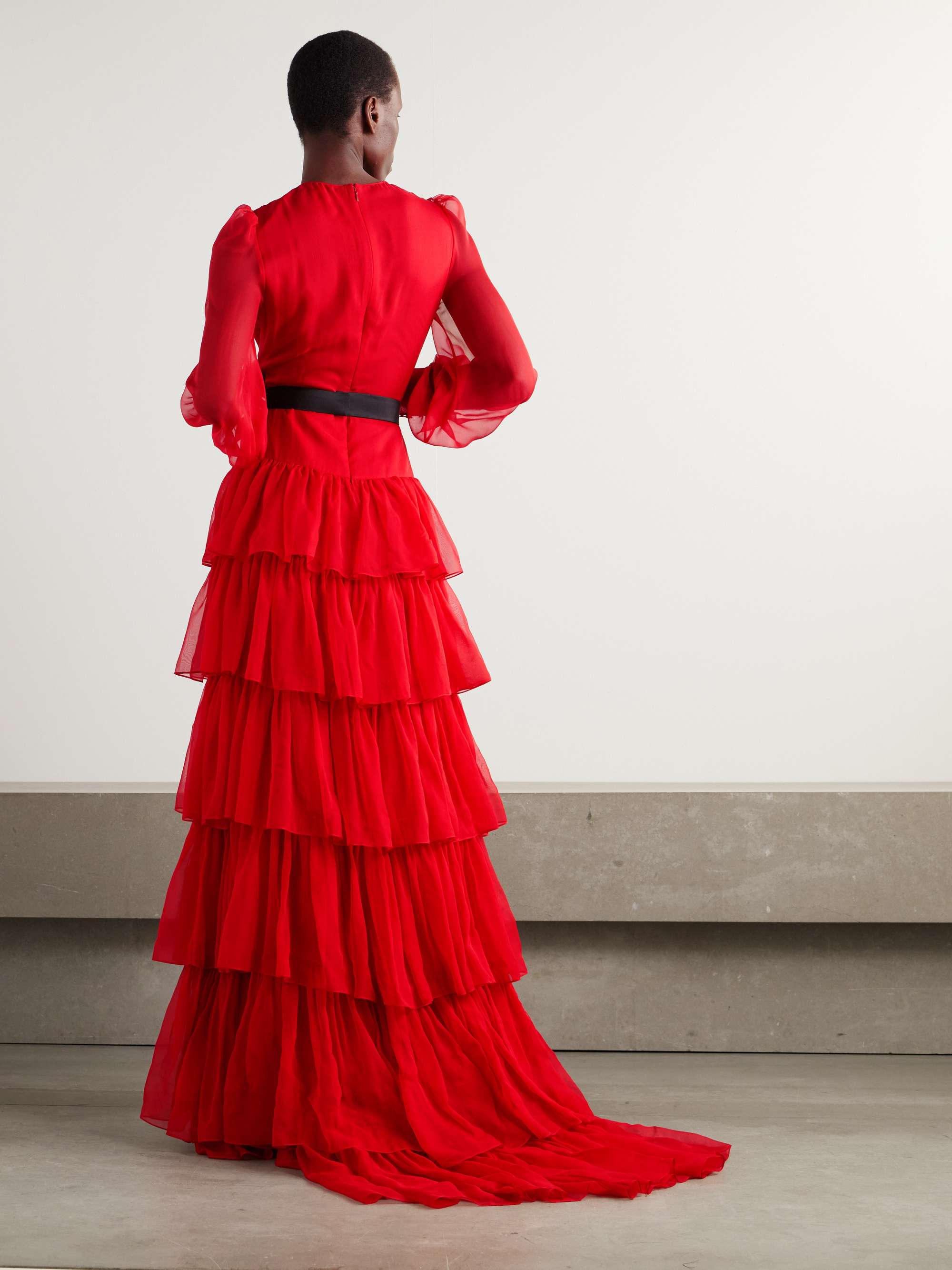 Bow-detailed ruffled silk-chiffon gown view