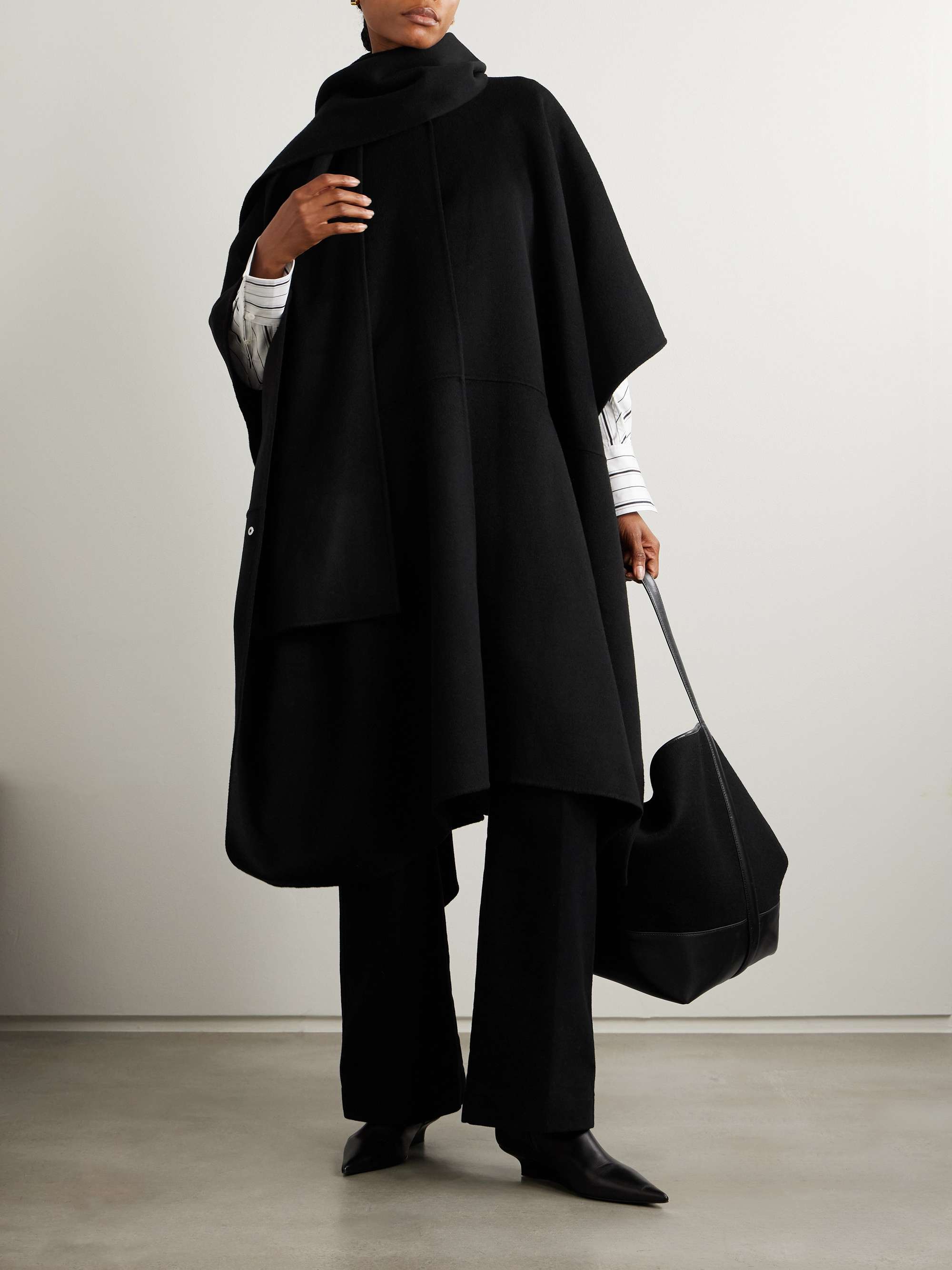 Cape-effect tie-neck wool coat view