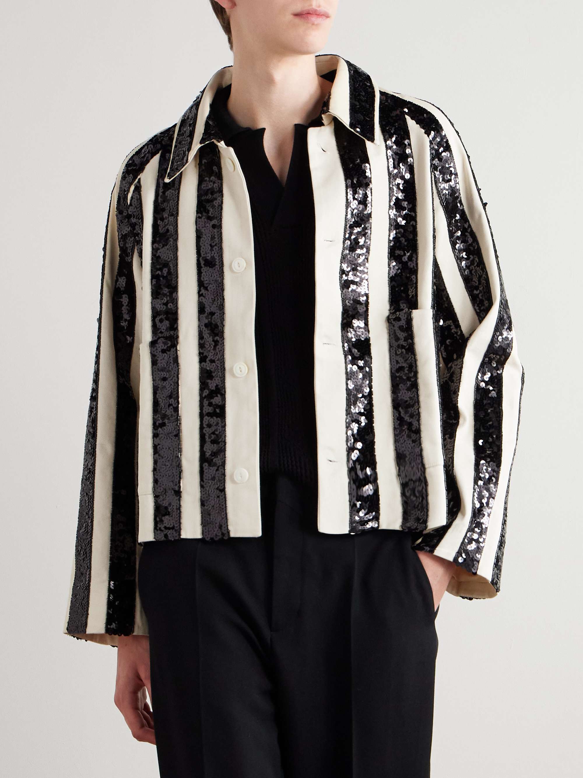 Cropped Sequinned Striped Woven Jacket view