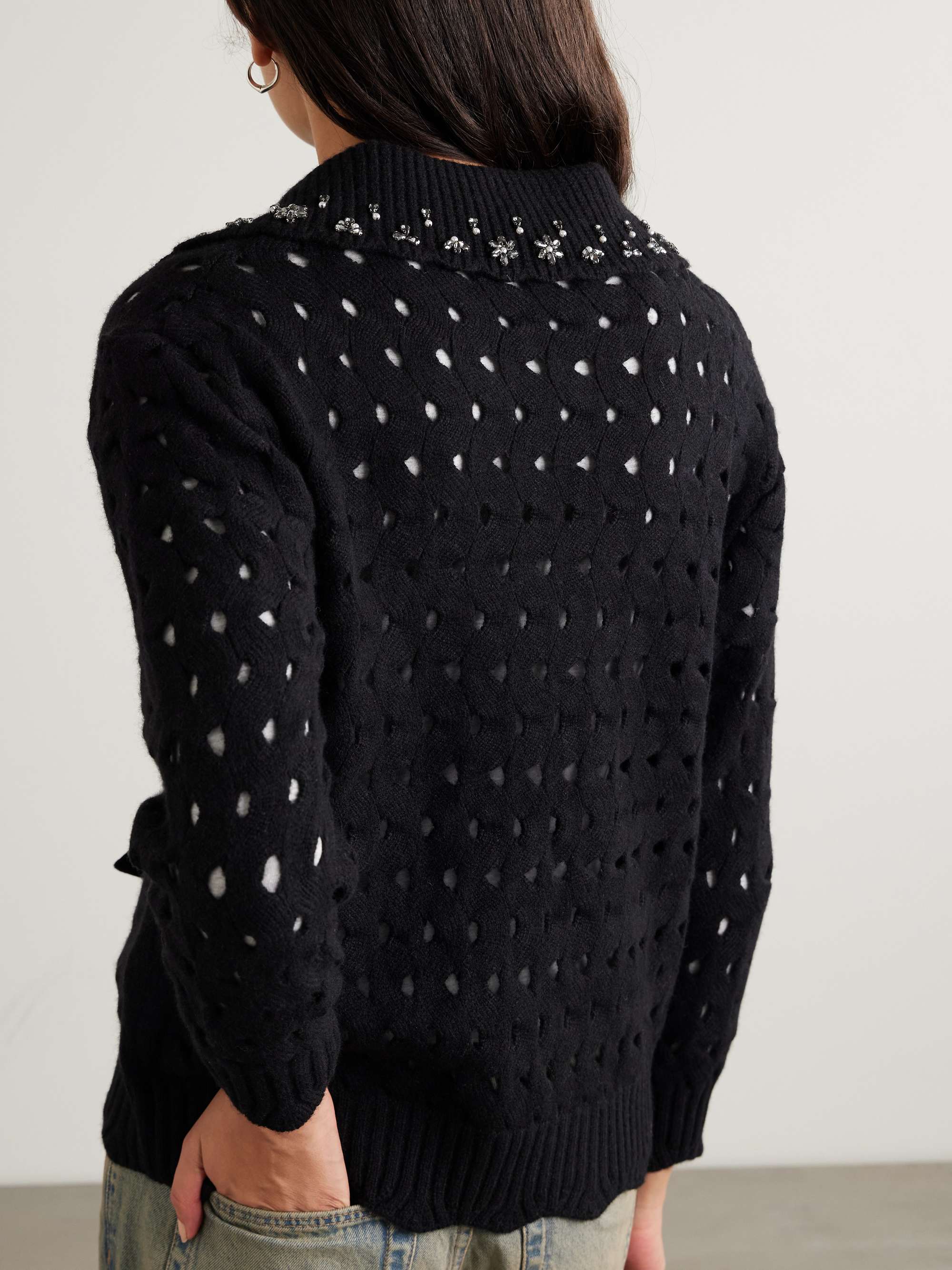 Leia embellished velvet-trimmed open-knit wool cardigan view