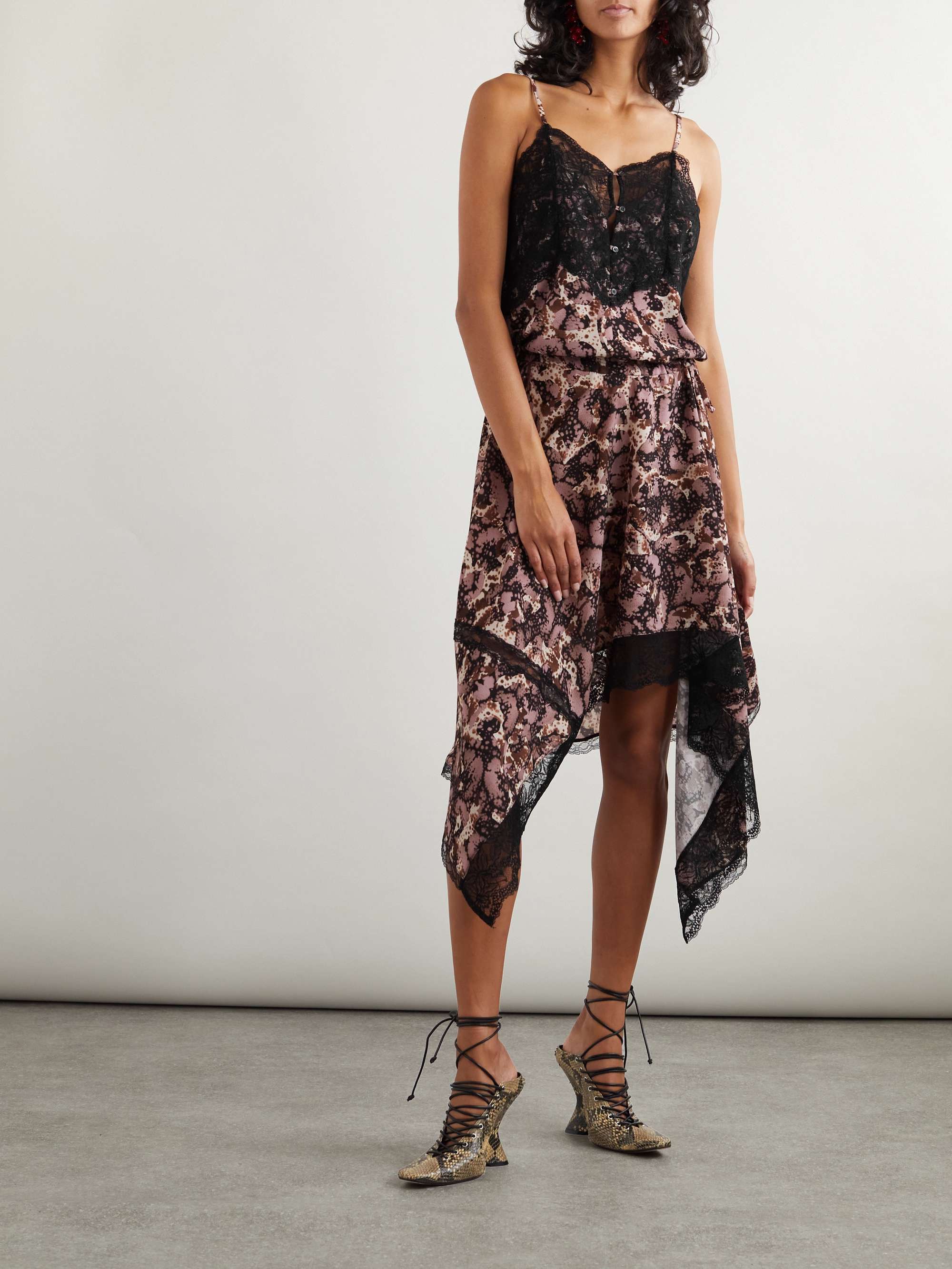 Asymmetric lace-trimmed printed chiffon midi dress view